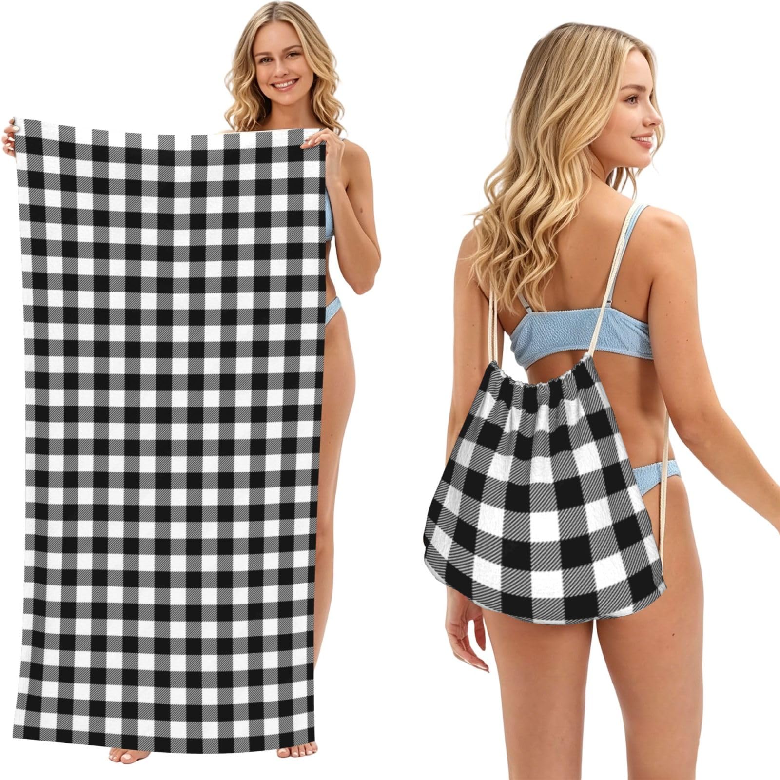 Poadnly As Picture Black And White Buffalo Plaid, 2 In 1 Packable Towel Bag, Beach Towels With Drawstring Backpack For Travel Holiday Camping