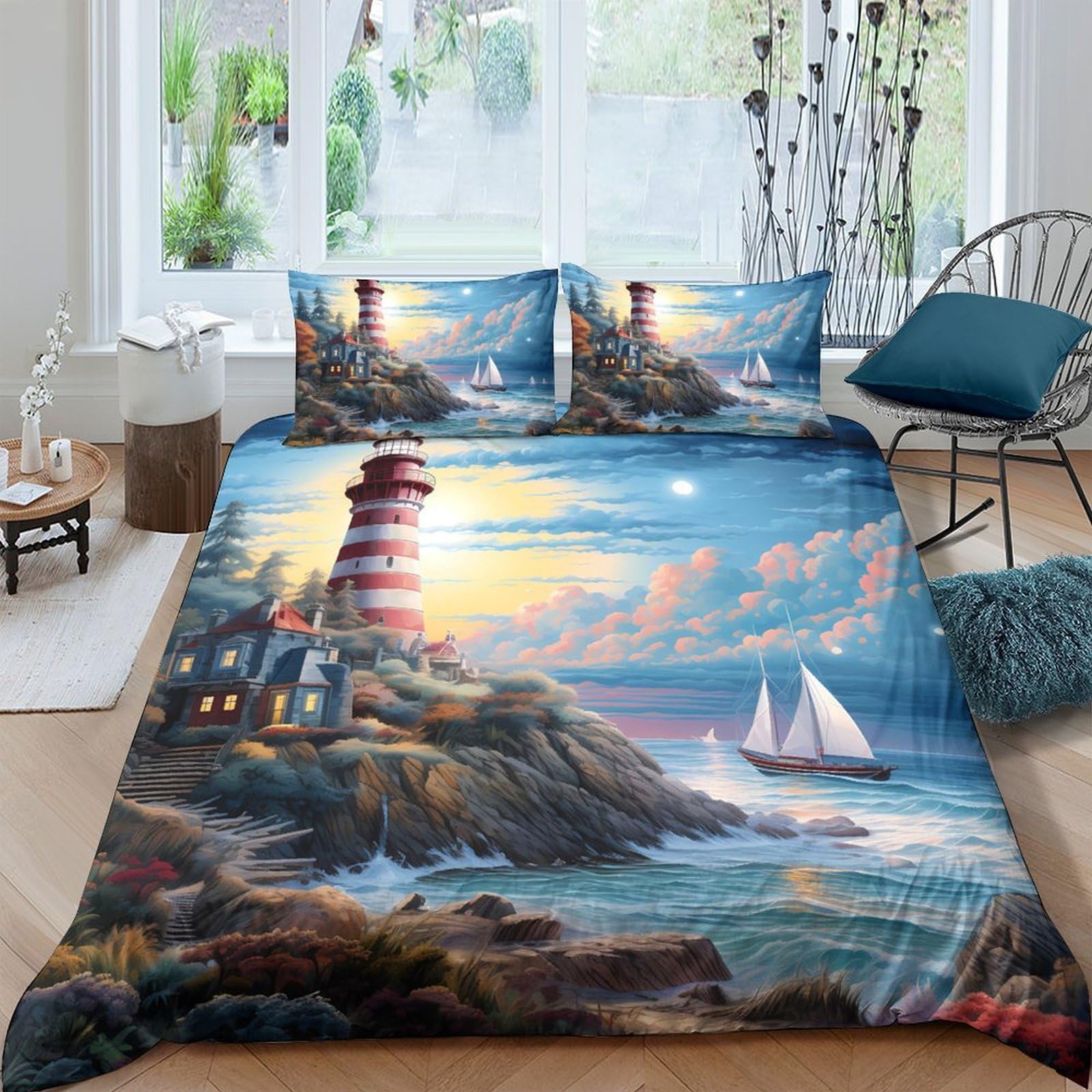 Ctjqhvkz Style-4 3D Printed Lighthouse Sunset Fitted Sheet Microfiber Soft Ocean Sailboat Mattress Cover For Bedroom Guest Room Decor Single（135X200cm）