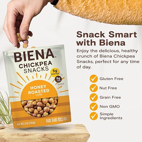 Vista 5 de BIENA Chickpea Snacks - Garbanzos tostados crujientes - Snacks ricos en fibra y proteína para adultos y niños - Paquete de 4, bolsas de 5 onzas