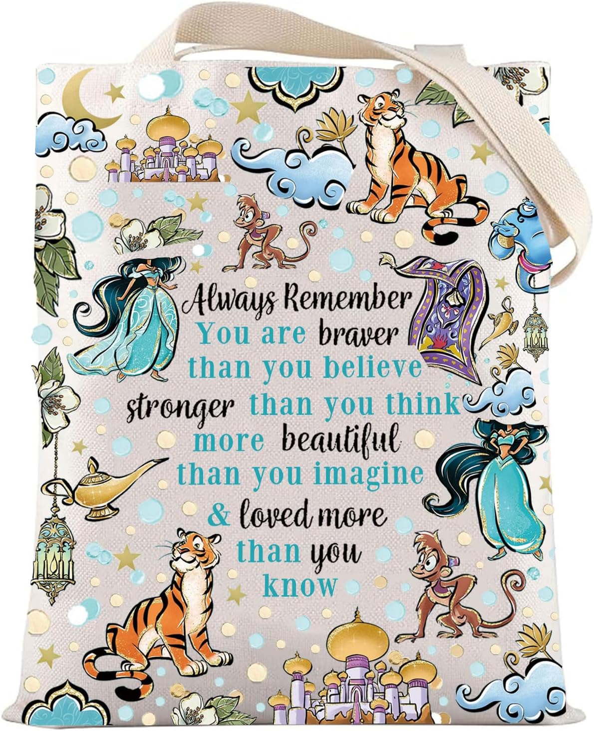 LEVLO Princess Arab Cosmetic Make Up Bag Fairy Tales Fans Gift You Are Braver Stronger Smarter Than You Think Princess Zipper Pouch Bag For Movie Fans (Always Jasm Tote)
