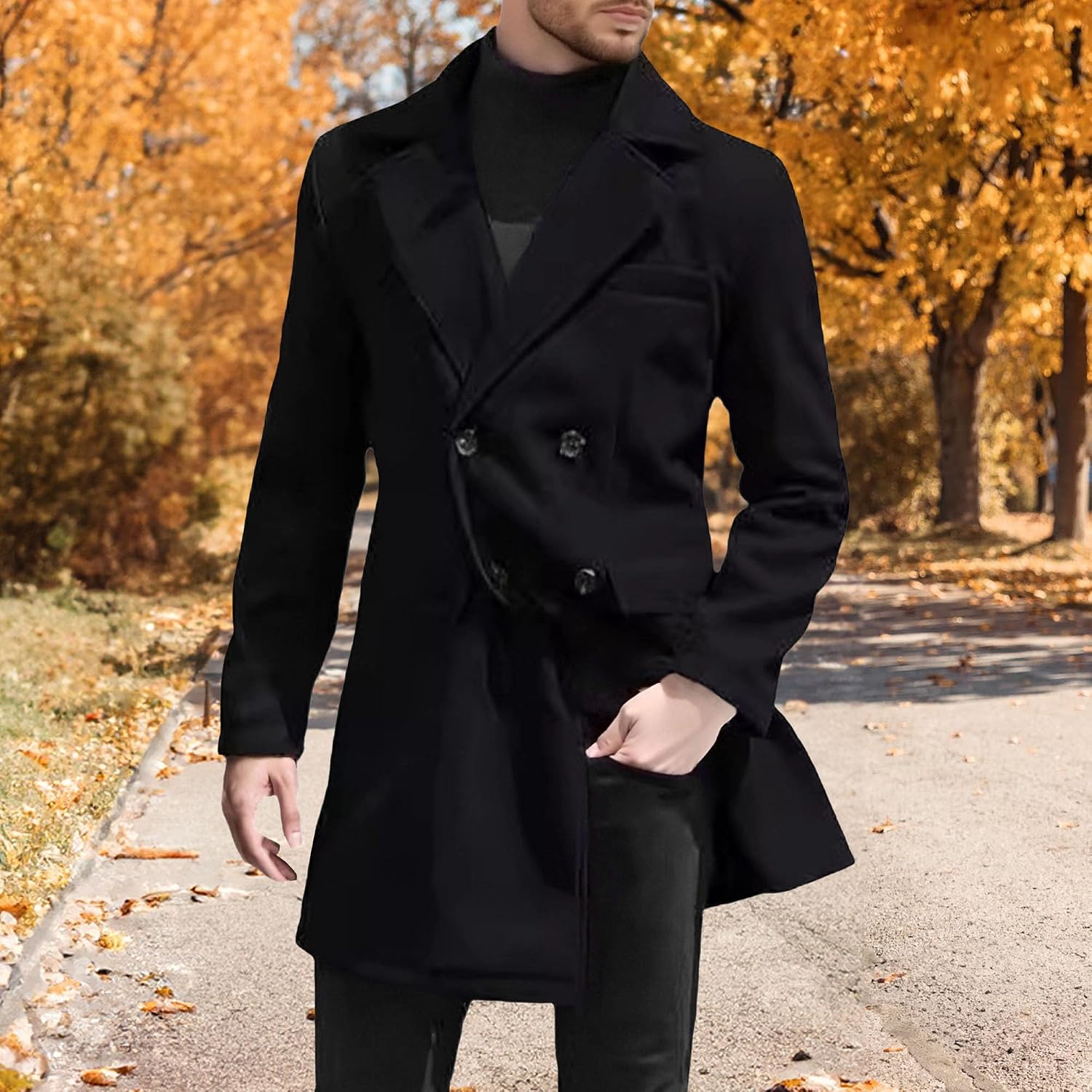 Maiyifu-GJ Men's Windproof Trench Coat Winter Slim Fit Wool Blend Overcoat Long Jacket Double Breasted Notched Lapel Coat