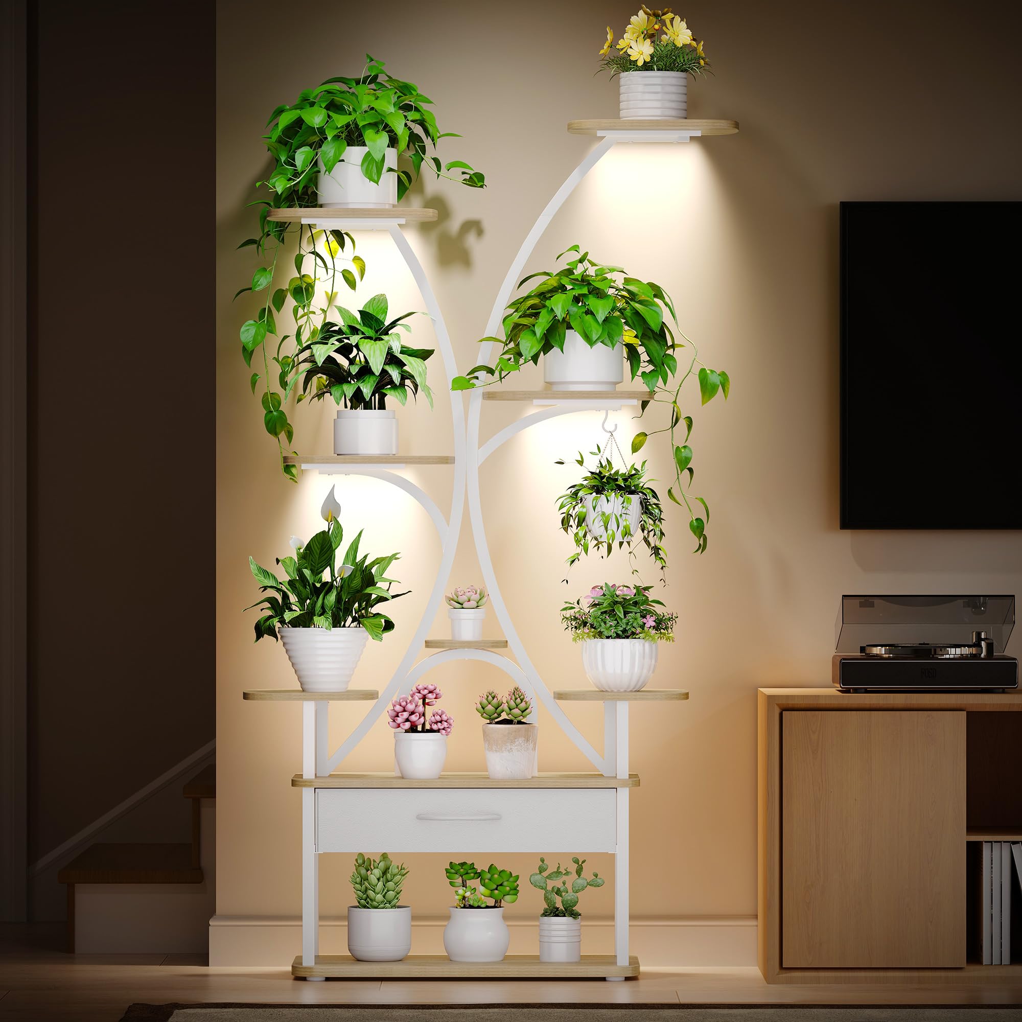 Hzuaneri Pflanzenständer mit Wachstumslicht, 9-Ebenen Blumenständer mit 4 R-G LED-Leuchten, Farbe und Timing Einstellbar, 164 cm, Ideal für Wohnzimmer, Balkon, Garten, Weiß, PS16016WEU