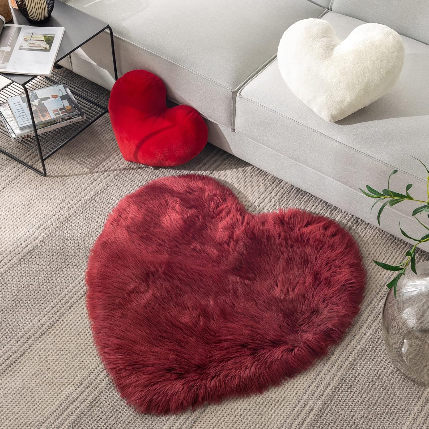 Ashler Red Heart Pillow - Faux Fur Rabbit 3D Kids' Room Decor, Soft Decorative Cushion for Sofas, Bedrooms & Living Spaces 15 X 17 Inch