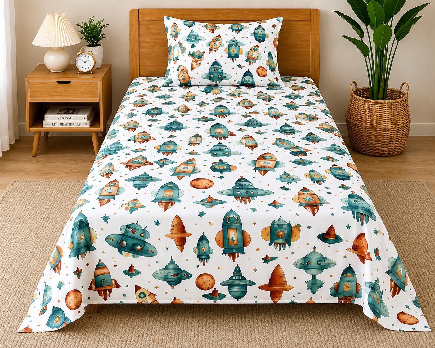 Super Soft Printed Design for Kids Room Single Bedsheet with 1 Pillow Cover-60 x 90 Inches, 152 cm x 225 cm (Multicolor)-image-11
