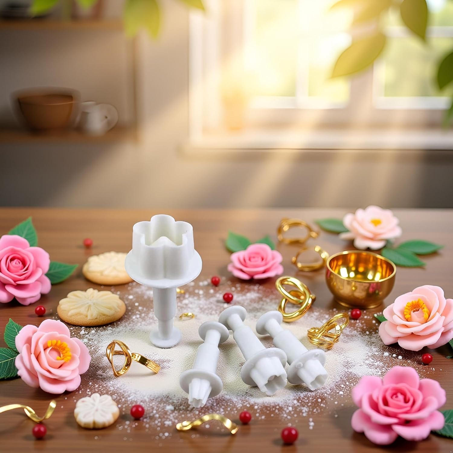 4Pcs White Flower Plunger Cookie Cutter DIY Blossom Flower Cake Fondant Mold Plastic Cake Decorating Tools Baking Accessories Cookie Cutters For Baking Plastic, Dessert and Candy Sculpting Tools - Image 5