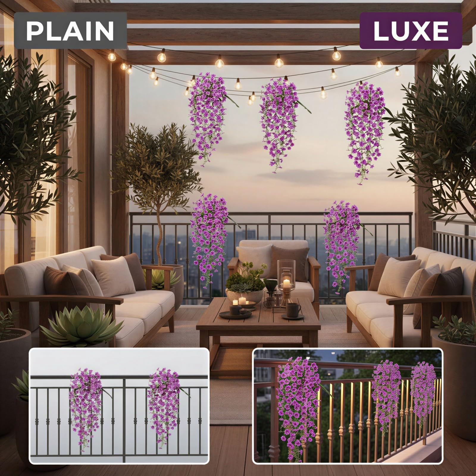 4 STK. Kunstveilchen, künstliche Veilchenpflanzen, sonnenresistent, mit Eukalyptus-Design, natürlich hängende Optik für Veranda, Haustür, Garten, Fenster und Außendeko, für drinnen und draußen