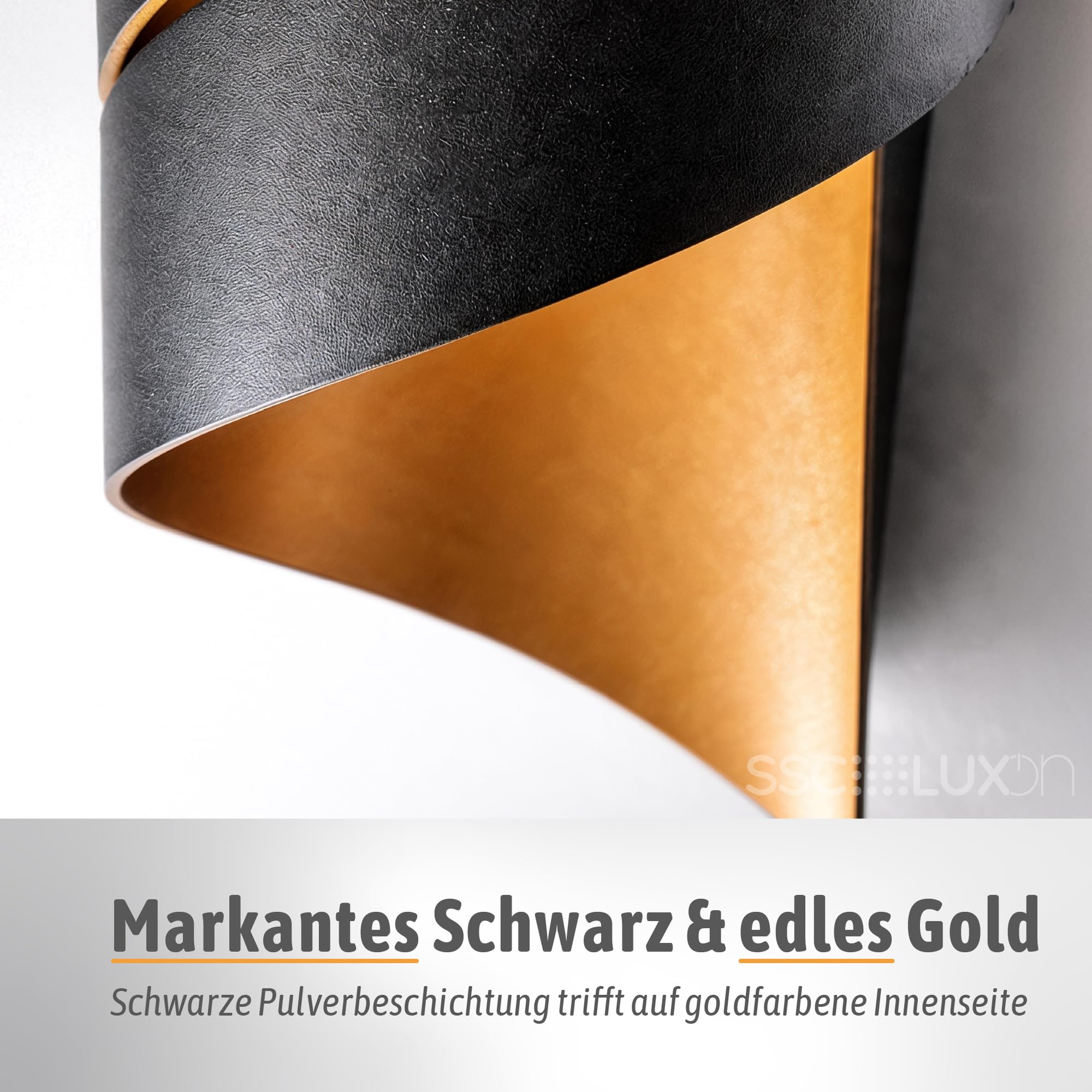 SSC-LUXon REVIA Wandleuchte schwarz-gold 30cm Up & Down warmweiß IP65 | Wandleuchte schwarz-gold mit Spiral-Design - warmweißes Up-Down-Licht, für Innen & Außen, Hauswand, Treppenhaus & Flur, IP65