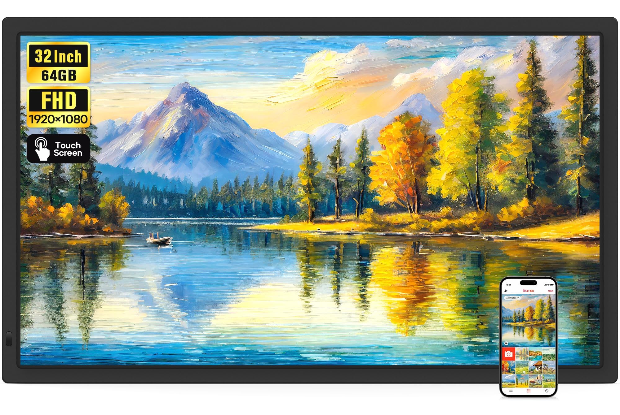 Frameo 32" Extra Large Digital Picture Frame WiFi 64GB, 1920 x 1080 FHD IPS Touch Screen Electronic Photo Frames, Wall Mounted, Auto-Rotate, Support USB and SD Card, Share Photos Videos Instantly