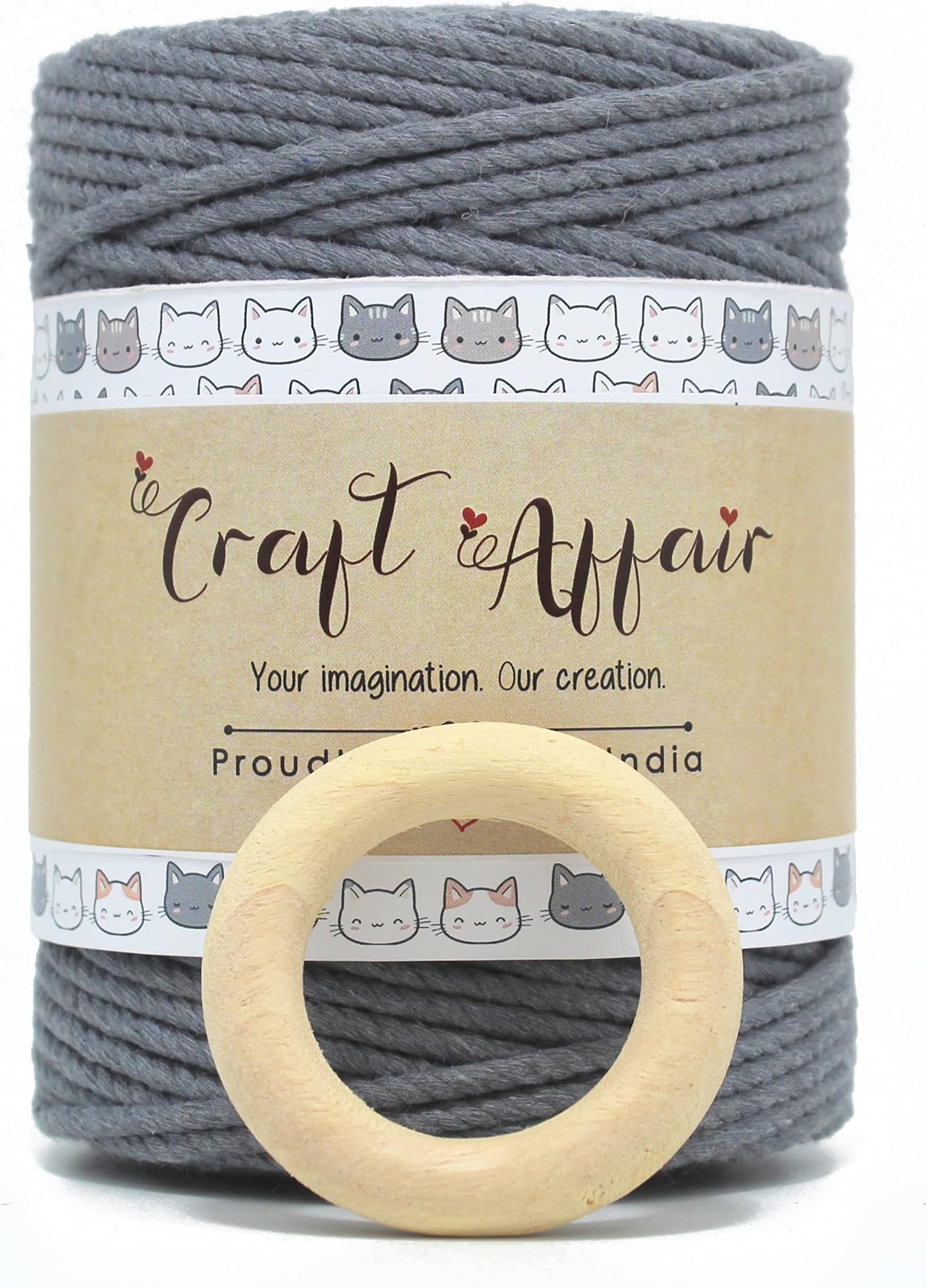 Craft Affair | 3ply Twisted Cotton Thread/Cord (200 Meter, 3mm) | Get Free Wooden Ring (5cm) | Cotton Cord for Wall Hangers and Other Projcts - Grey