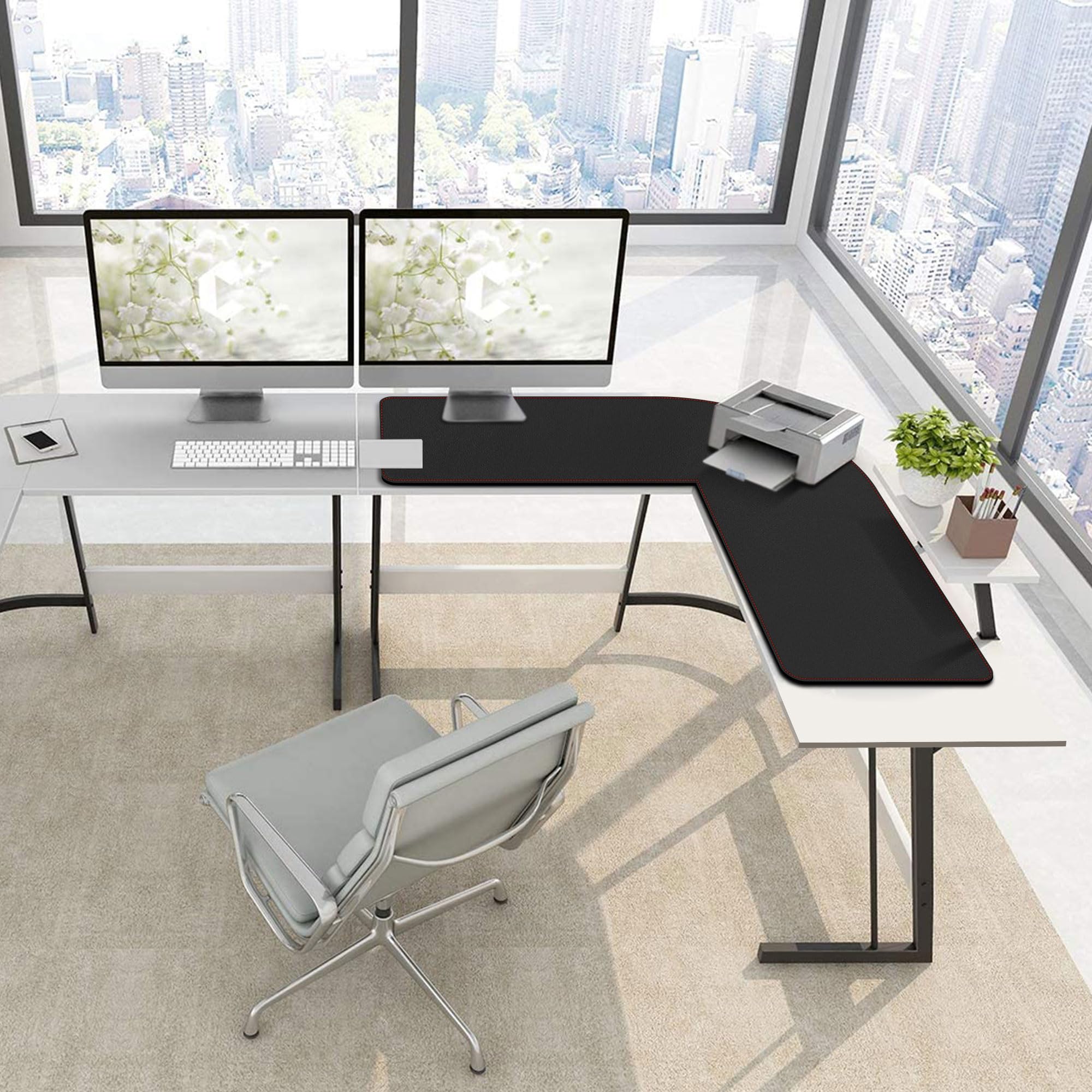 ZORESYN Bureau Informatique Coin en Forme de L Tapis de Souris, (120+120) x40cm sous-Mains en Cuir PU, imperméable Tapis de Souris Gaming de Travail PC Gaming pour Maison et Bureau, Noir