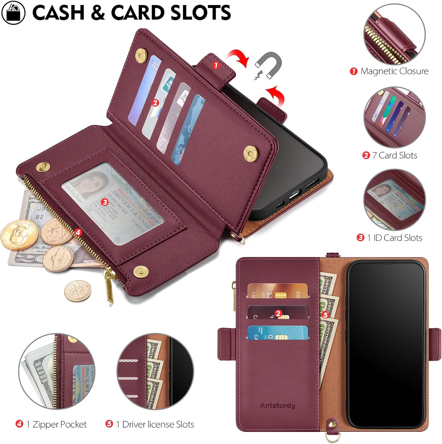 Antsturdy Compatible with Samsung Galaxy S24 Ultra Wallet Case for Women【RFID Blocking】 Crossbody Phone Case PU Leather Zipper with Wrist Strap Flip Cover Credit Card Holder Slots,Wine Red