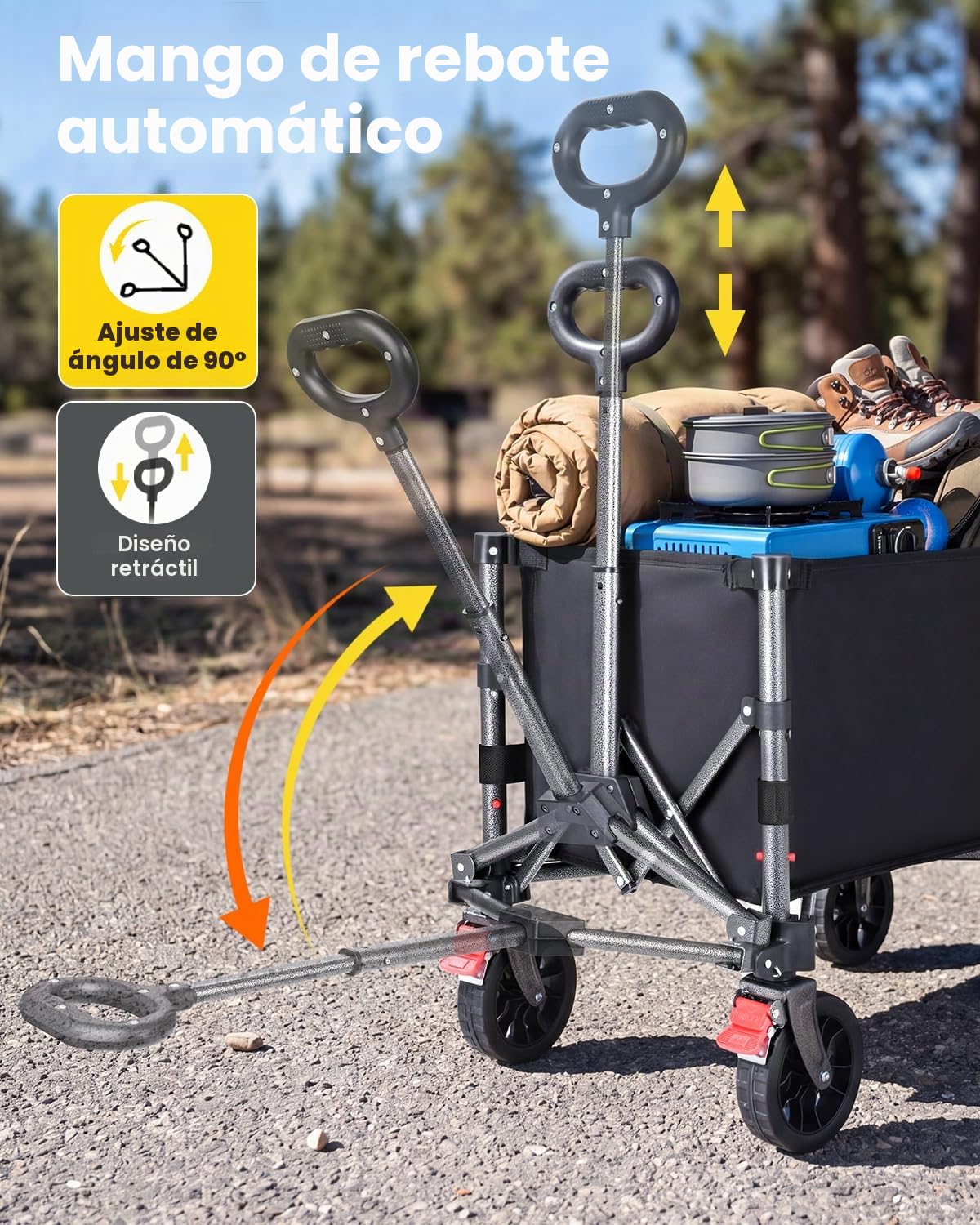 YEAUPE PRO Carro Playa Plegable con Ruedas – 70L, 50 kg – Ruedas Amovibles, Mango Ajustable, Acceso Lateral con Cremallera y Diseño Compacto, Ideal para jardín, paquetería y hogar – Negro Tinta