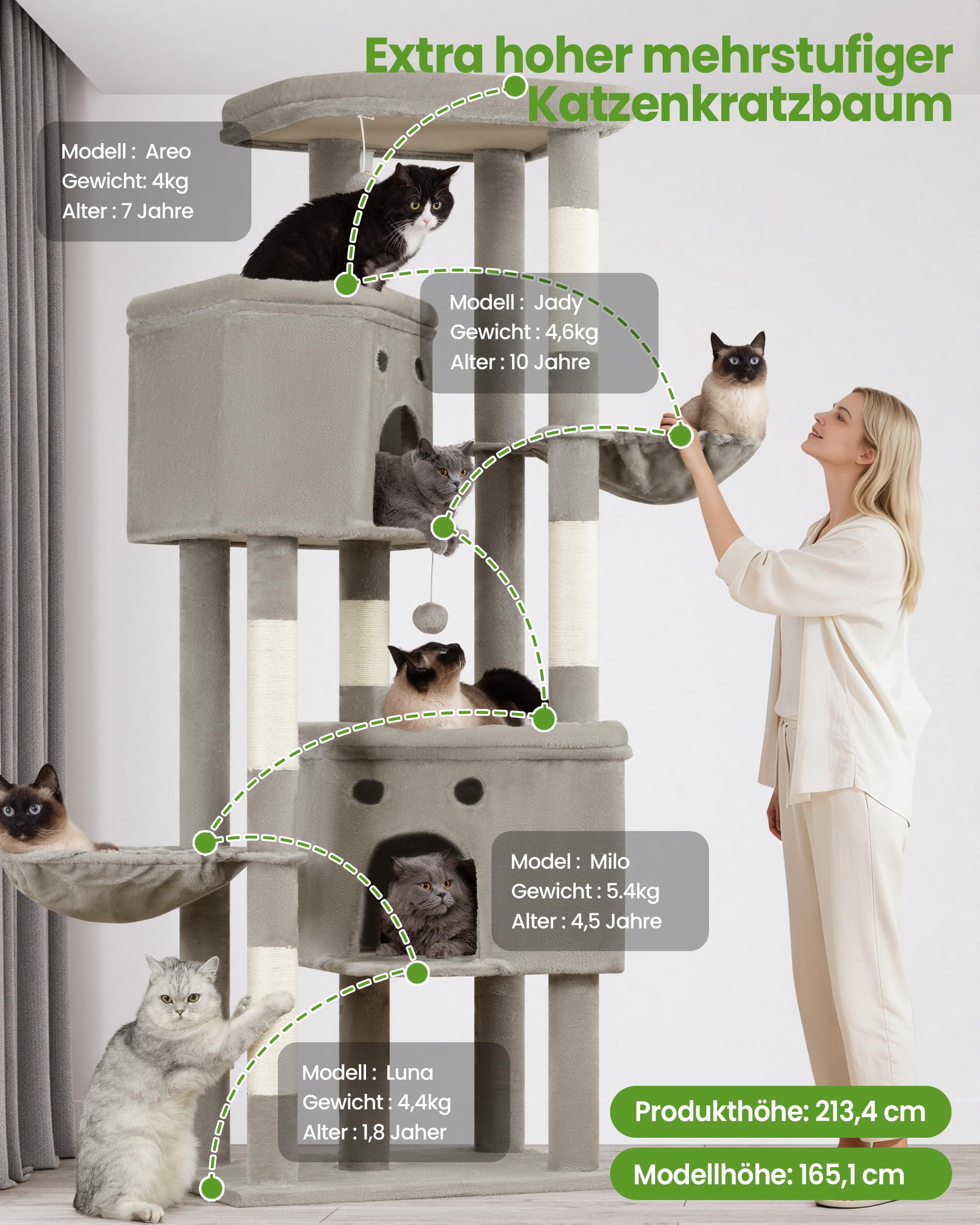 Kratzbaum Groß, Kratzbaum Grosse Katzen Stabil 213 cm hoch - Katzenbaum XXL, Mehrstöckiger Katzenbaum Hellgrau mit 5 Kratzsäulen, 6 Plüschbälle, Plattformen, Höhlen, Hängematte