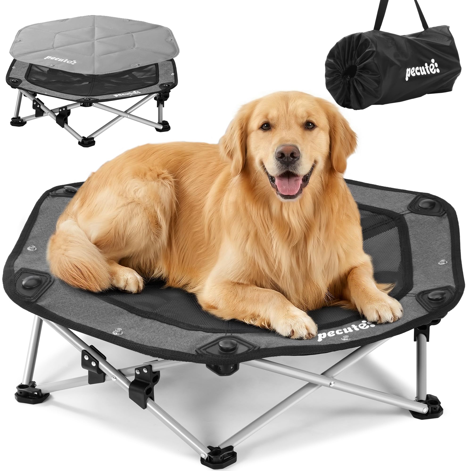 Pecute Cama Elevada para Perros Grande con Manta Refrescante, Sin Montaje, Apto para Gatos y Perros, Plegable para Interior y Camping, Tamaño XL, Soporta hasta 60kg, Gris Recycled Claim Standard Blended
