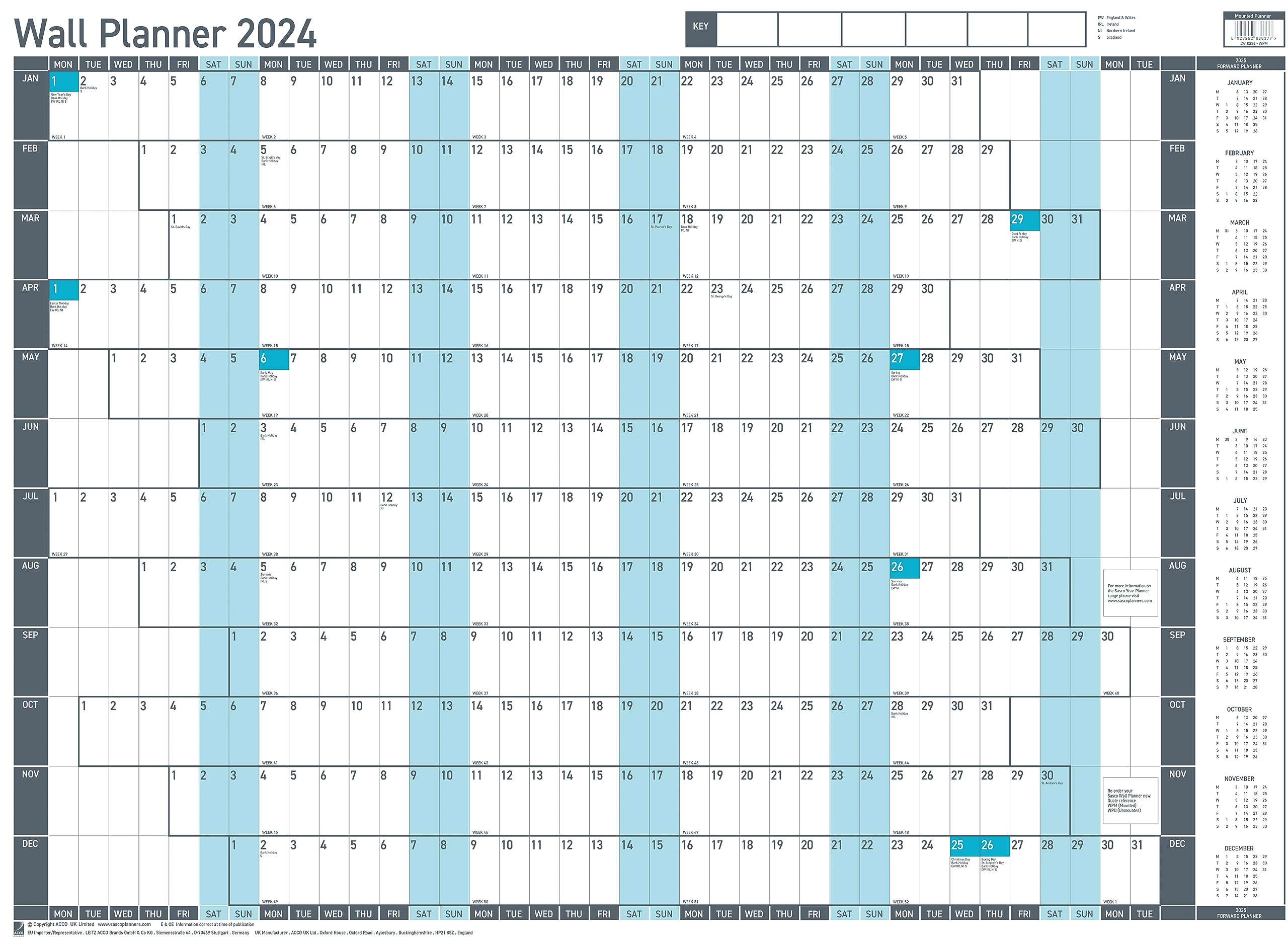 Sasco 2024 Value Yearly Wall Planner Set, Board Mounted Whiteboard Style Dry Erase Calendar, Large Wall Planner, Blue, 915 x 610mm, 2410236