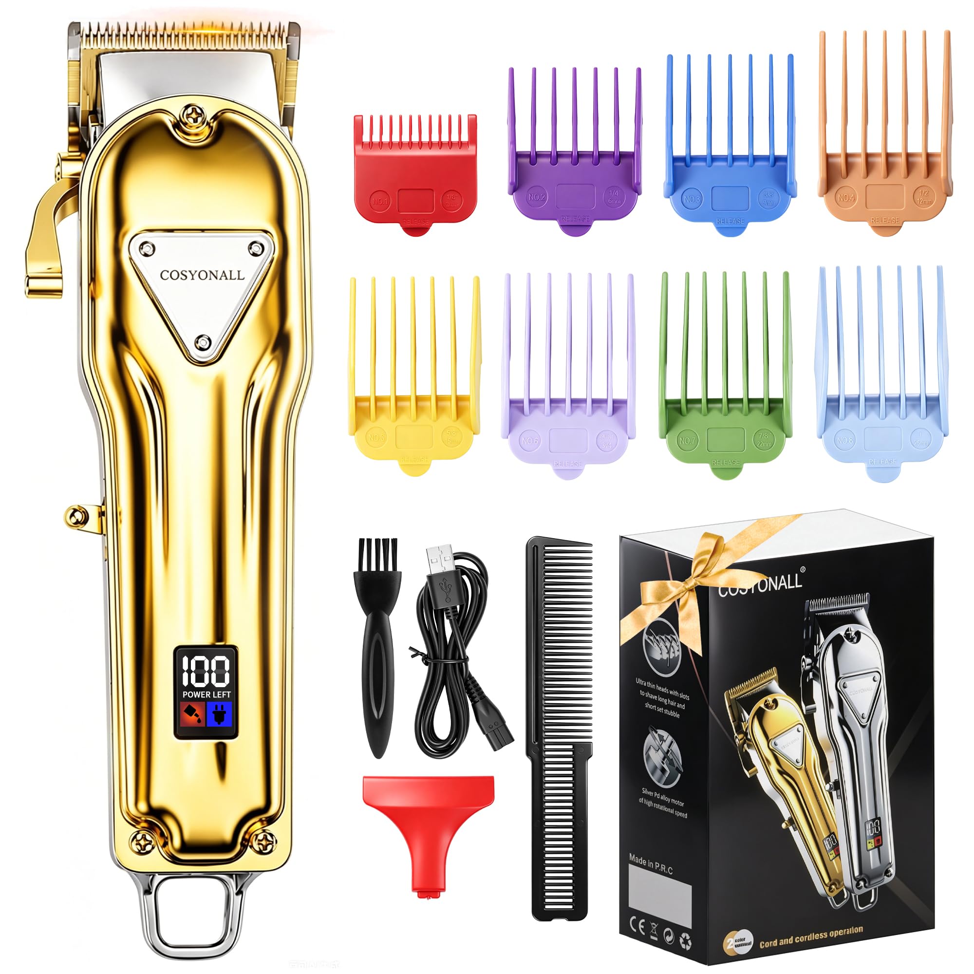 COSYONALL 理髪器20 W強力電動ヘアカット男性用ヘアカットコードレスカット理髪機美容セットフルメタルボディトリートメントとスタイリング（ゴールド）