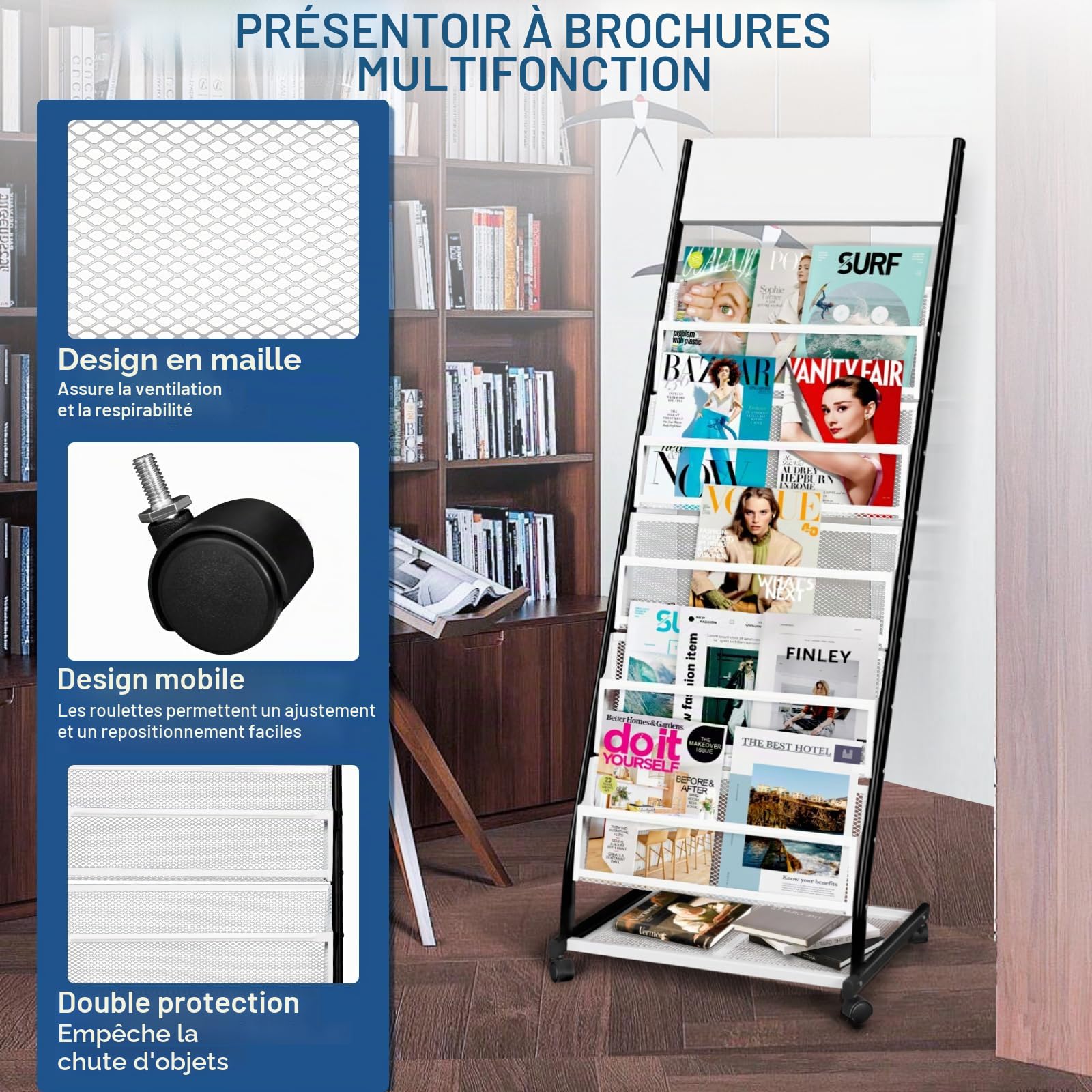SUNDOY porte revues sur roulettes – revues sur pied et porte-catalogue – roulettes pour bureau, foires et maison (5 couches, 47,5 cm de large)