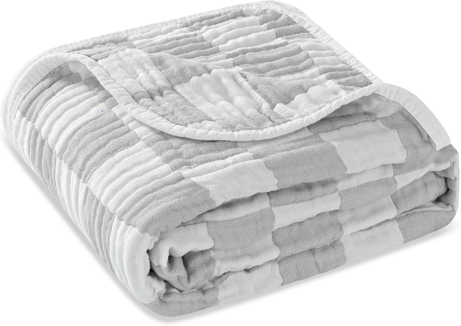 6-Layer Muslin Baby Blanket Made with Organic Cotton - Classic Neutral Checkered, Swaddle & Crib Quilt, 43”x43”,Grey Checkered