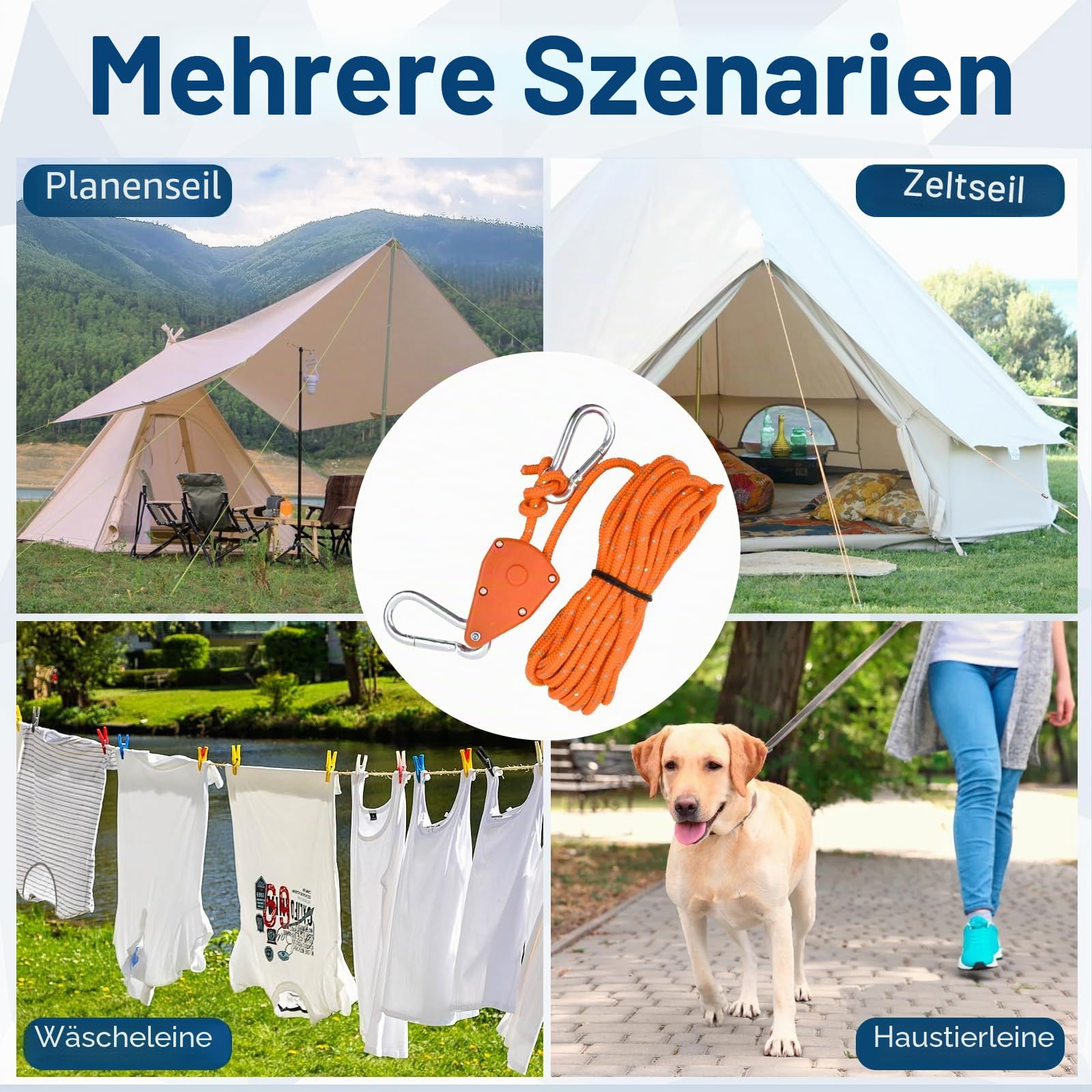 4 Stück Abspannseile Camping 6mm, Abspannleine Reflektierend 5M, Zelt Seil Ratsche, Zeltschnur mit Spanner Einstellbare, Ratchet Hanger für Zelt Sonnensegel Wandern Pflanzenlampe (Orange, 5M) Sonstiges