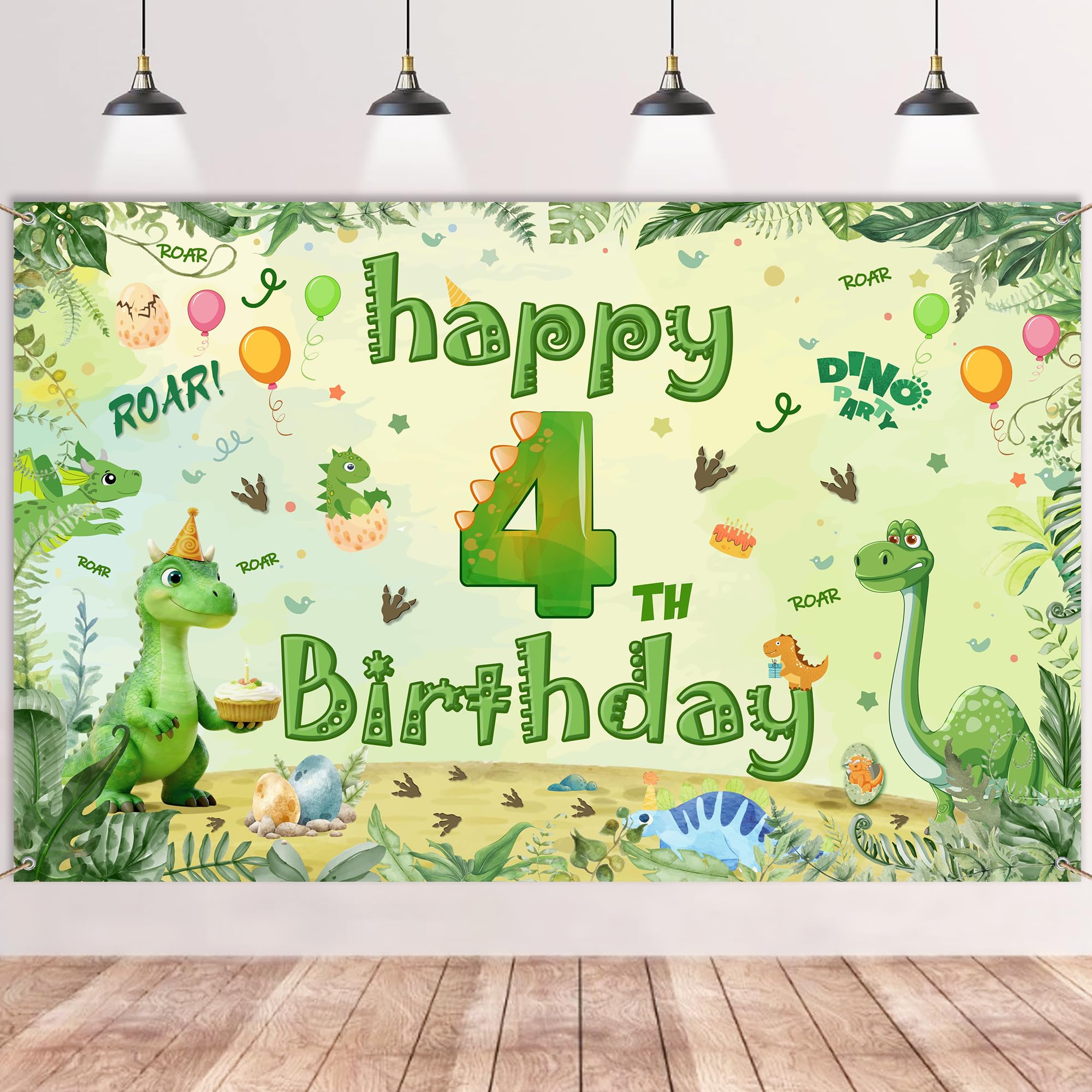 Dinosaur 4th Birthday Decorations Banner - Green Happy 4th Birthday Background Banner for Boys (100 X 150 cm), Dino Themed Photography Backdrop Decor for 4 Years Old Kids Jungle Party Supplies