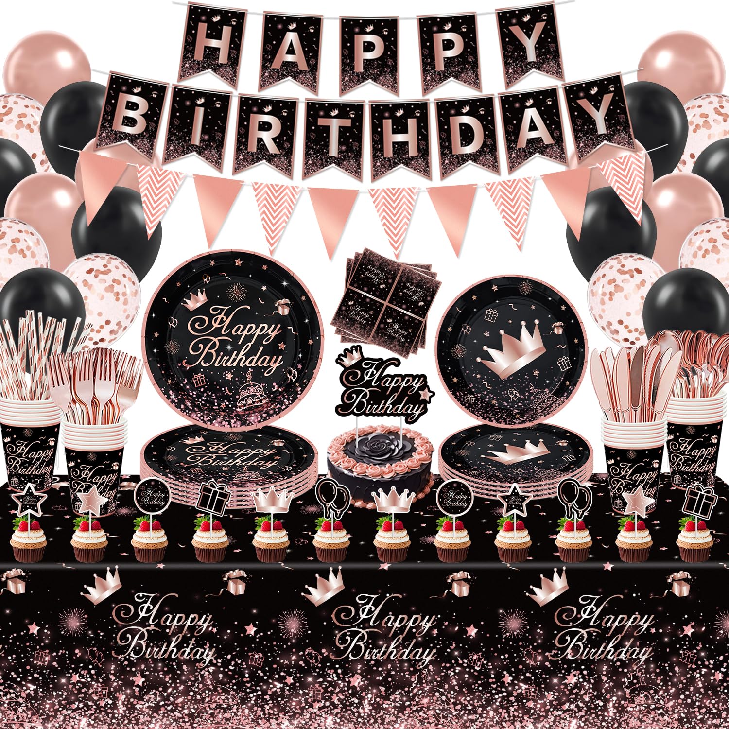 225 PCS Black and Rose Gold Party Decoration Rose Gold & Black Party Supplies Birthday Party Dinnerware Set-Plates, Banners, Balloons, Tablecloth