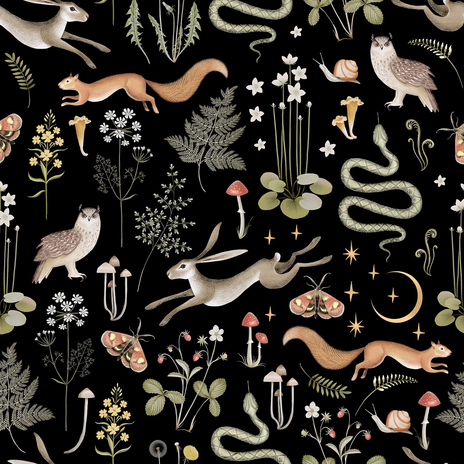 SOEWIOU Black Animals Wallpaper, 44.5 * 300cm Thicken Peel and Stick Removable Wallpaper with Squirrel, Owl, Snake, Rabbit Patterns for Home Decor