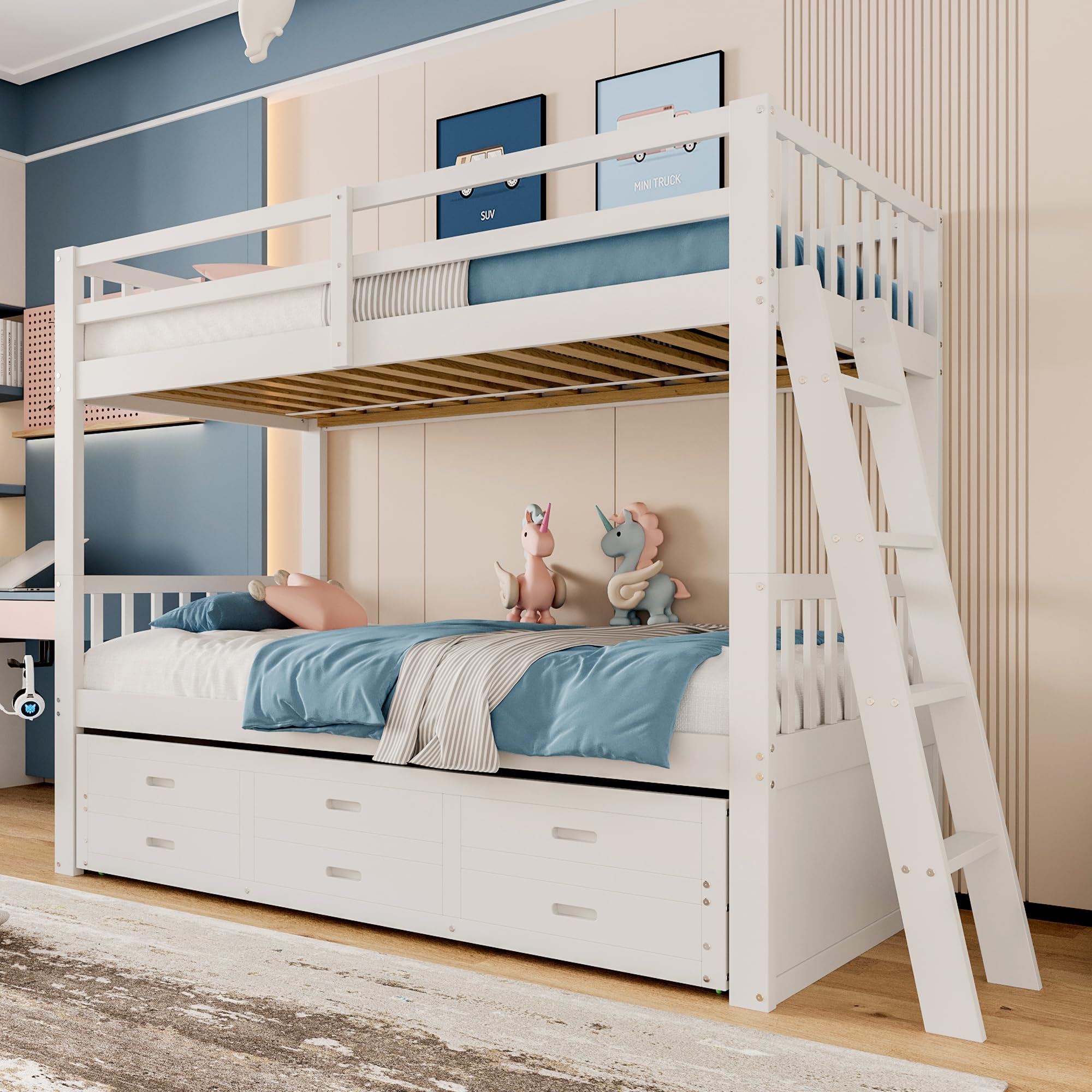Letto A Castello Per Bambini 90x200 E 140x200, Con Scale Contenitore E Ripiani, Letto A Soppalco In Legno, Mezzanino Sicuro