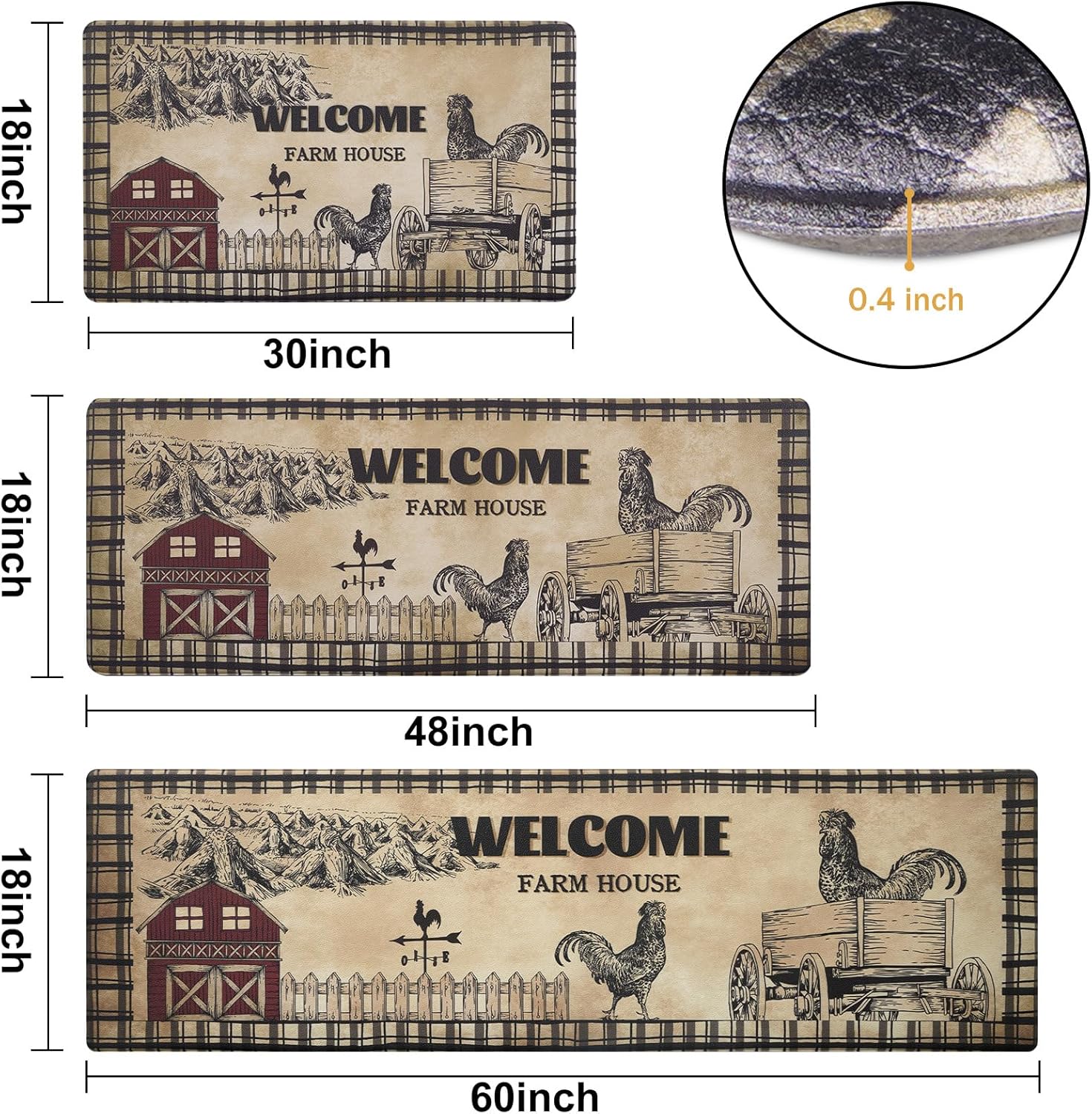 ASPMIZ Farmhouse Kitchen Mat 3 Piece, Cushioned Anti-Fatigue Kitchen Rugs Non Slip Memory Foam Kitchen Mats and Rugs Waterproof Kitchen Floor Comfort Mats Rooster 18" x 30" + 18'' x 48'' + 18'' x 60''