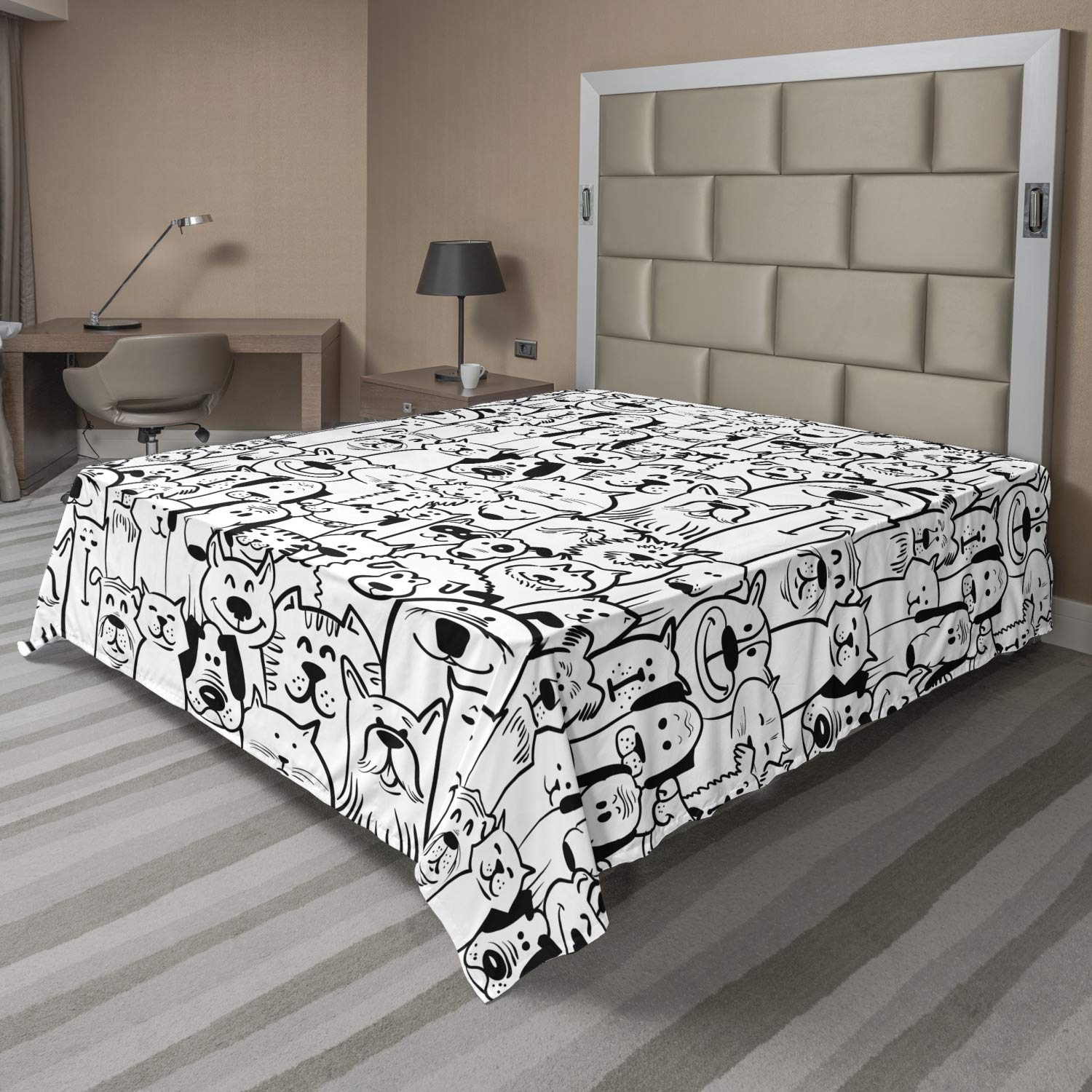 Ambesonne Pet Flat Sheet, Group of Dogs and Cats Animals Fun Happy Beings Cartoon Inspired Design, Soft Comfortable Top Sheet Decorative Bedding 1 Piece, Queen Size, Black White