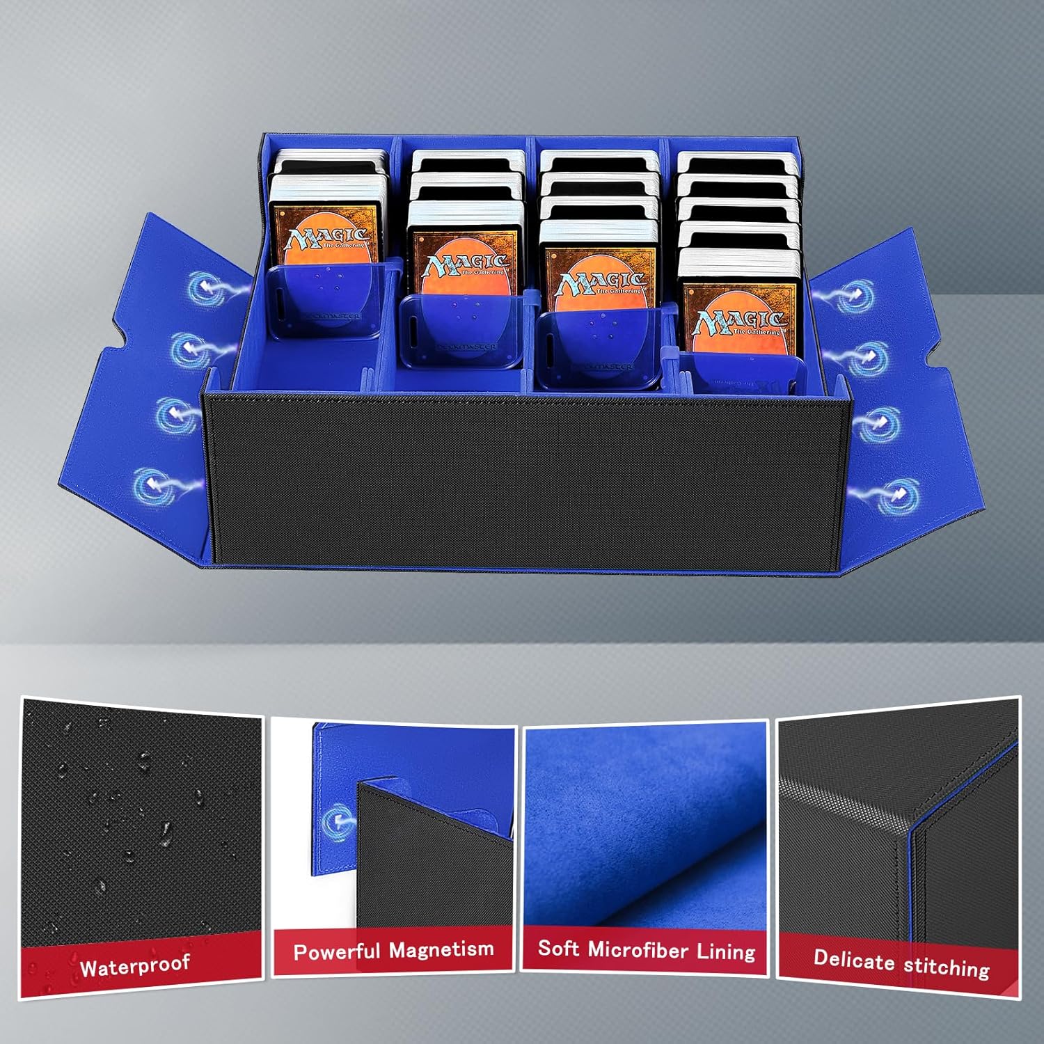 Trading Card Storage Box, 3000+ MTG Deck Box with 24 Dividers & 6 Card Supporters, Commander Card Deck Case Fits for Magic Game Cards, YugiOh, TCG, PTG and Sport Cards(Black Blue)