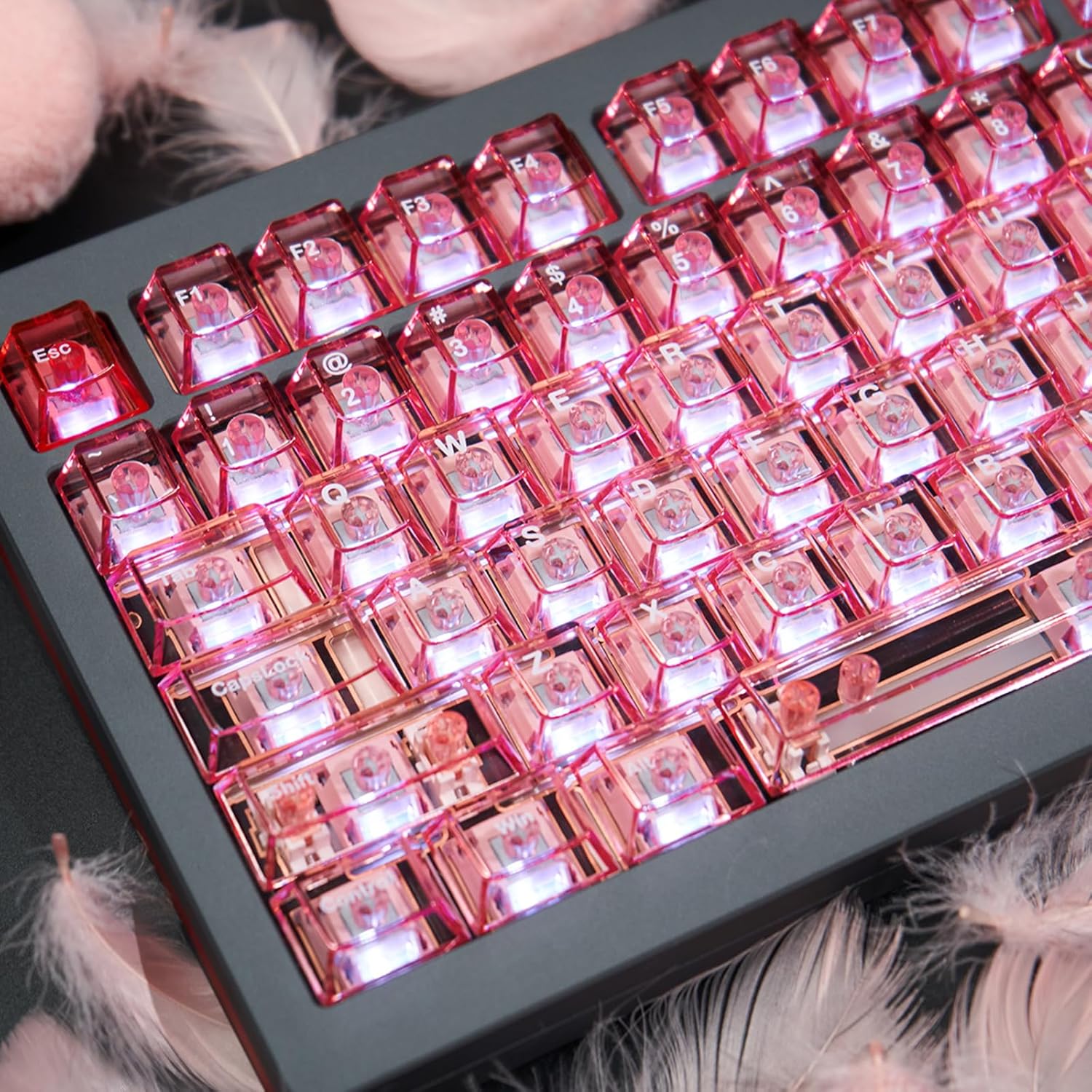 Pink Crystal Clear Keycaps Set, 156 Keys Cherry Profile Transparent Keycaps for 60% 65% 75% 100% Backlit Wireless Gateron Mx Switches Mechanical Gaming Keyboard Agate-Pink