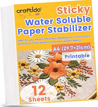 Craftido A4 29.7x21cm 12PCS Sticky Water Soluble Embroidery Stabilizer Printable Dissolving Paper Medium Weight Allowed for Print or Draw Patterns Best for Hand & Machine Embroidery
