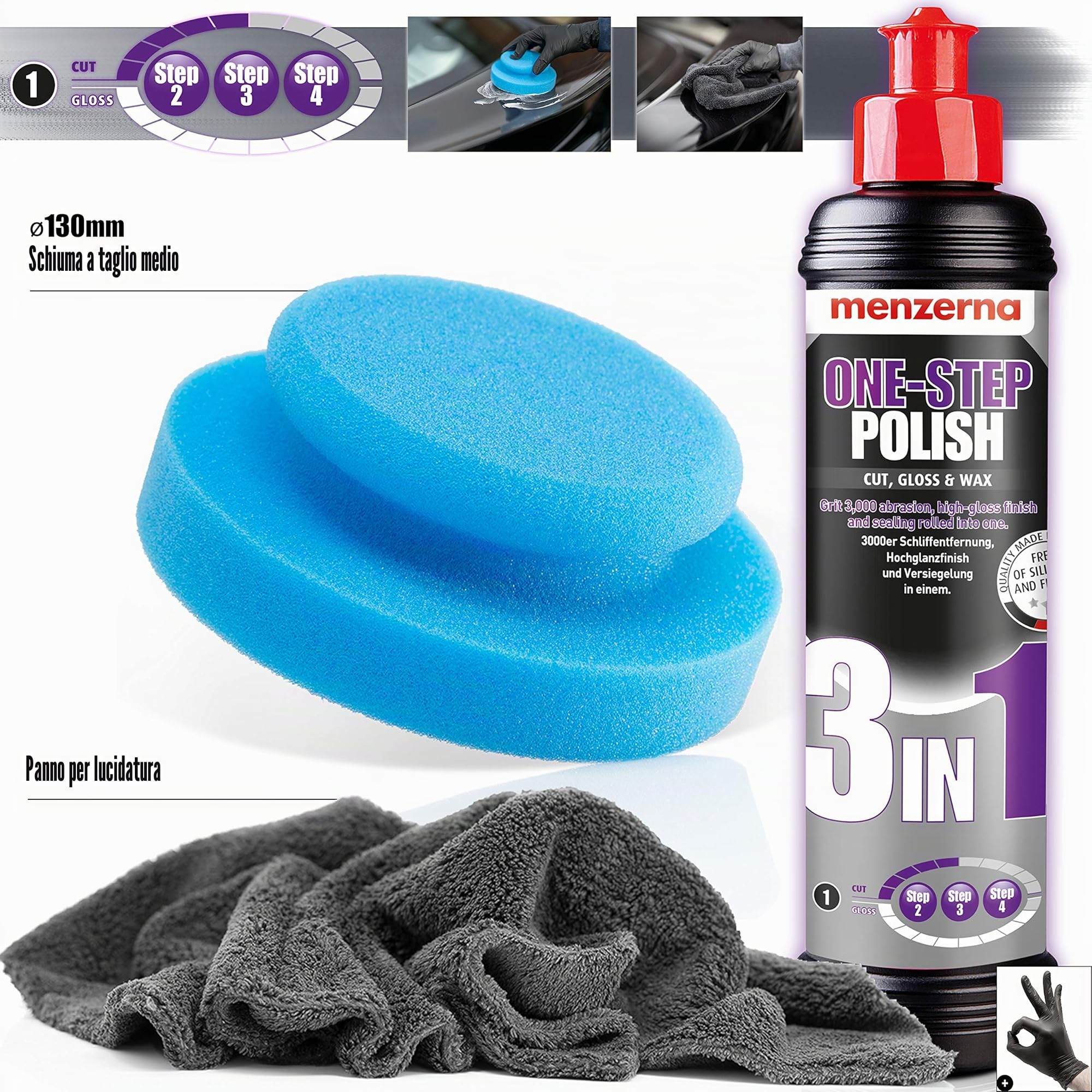 detailmate Set lucidante per auto con Menzerna Medium Cut One-Step-Polish 3in1 250ml + spugna per lucidatura realizzata in Germania Ø130mm + panno in microfibra ultra soffice + 1 guanto protettivo