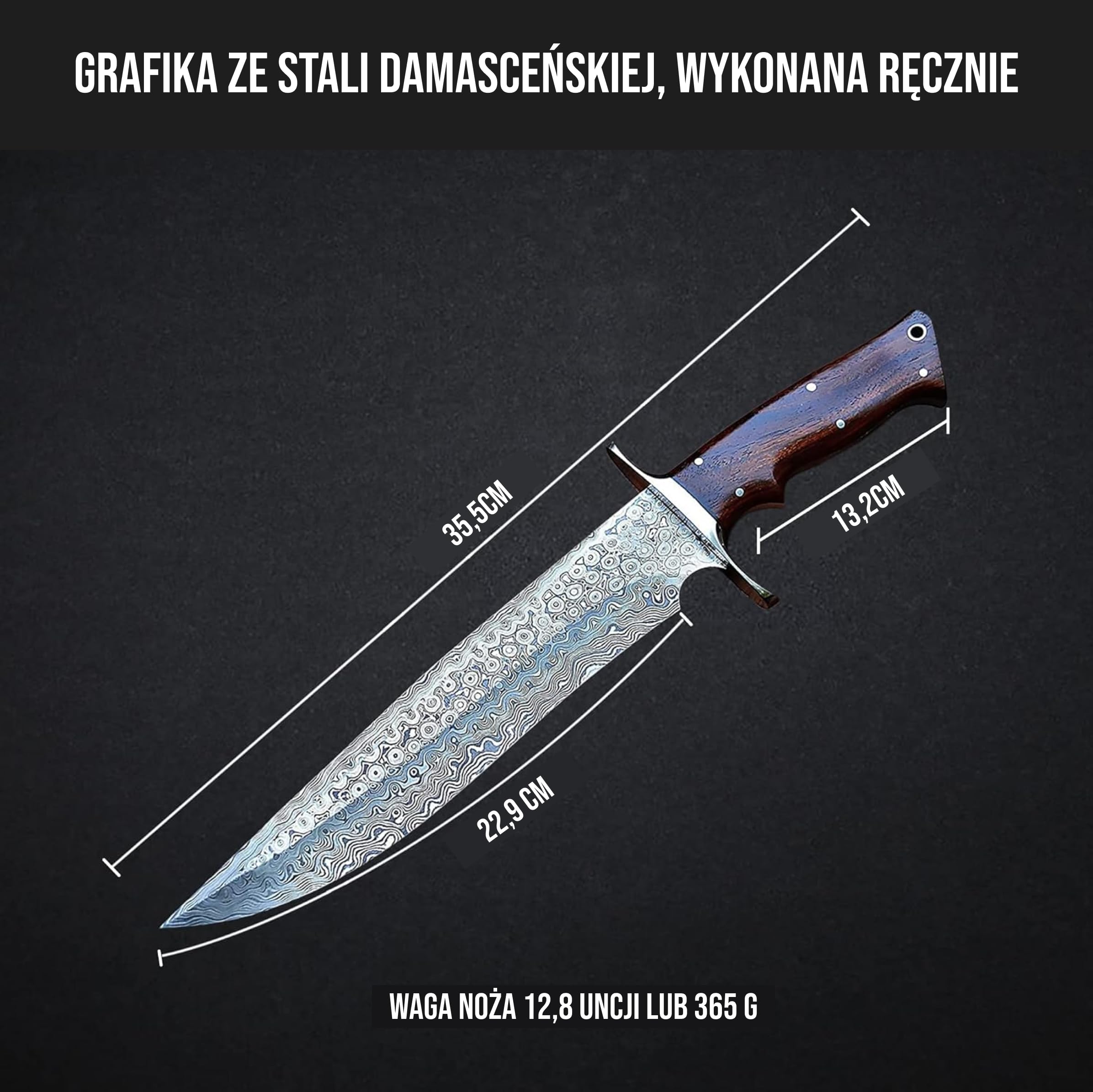 BIGCAT ROAR 14″ Ręcznie wykonany nóż myśliwski z damasceńskiej stali z skórzanym etui - Idealny do siekania, kempingów - Nóż ze stałym ostrzem do bushcraftu z rękojeścią z orzecha - Patriot