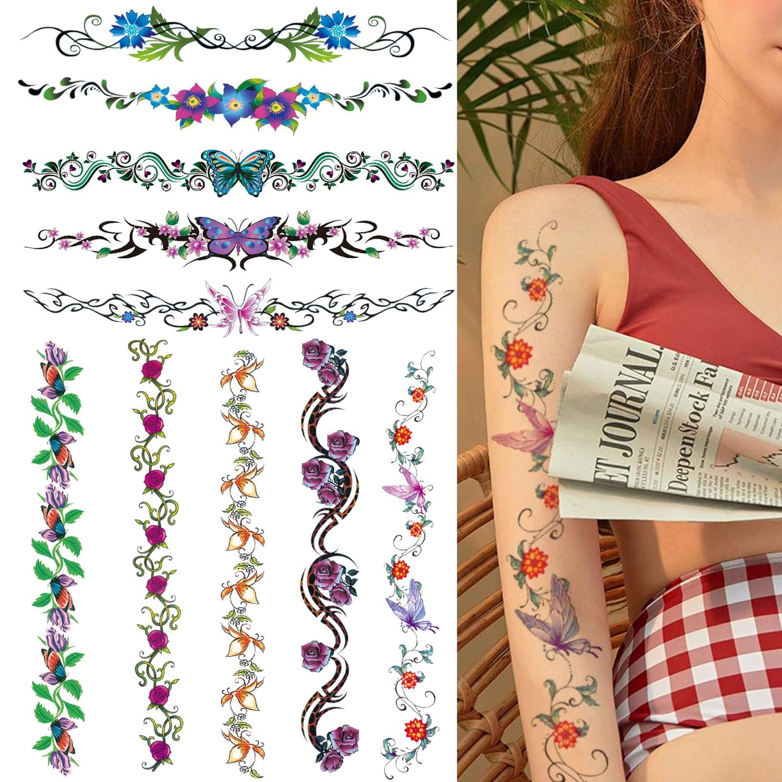 CARGEN Sexy Flower Temporary Tattoos - 10 Sheets Realistic Sexy Flowers Vine Butterfly Long Back Sleeves Tattoos for Women Girls Makeup Fake Tattoo Great for Waist Belly Back Spine Arm Leg Collarbone