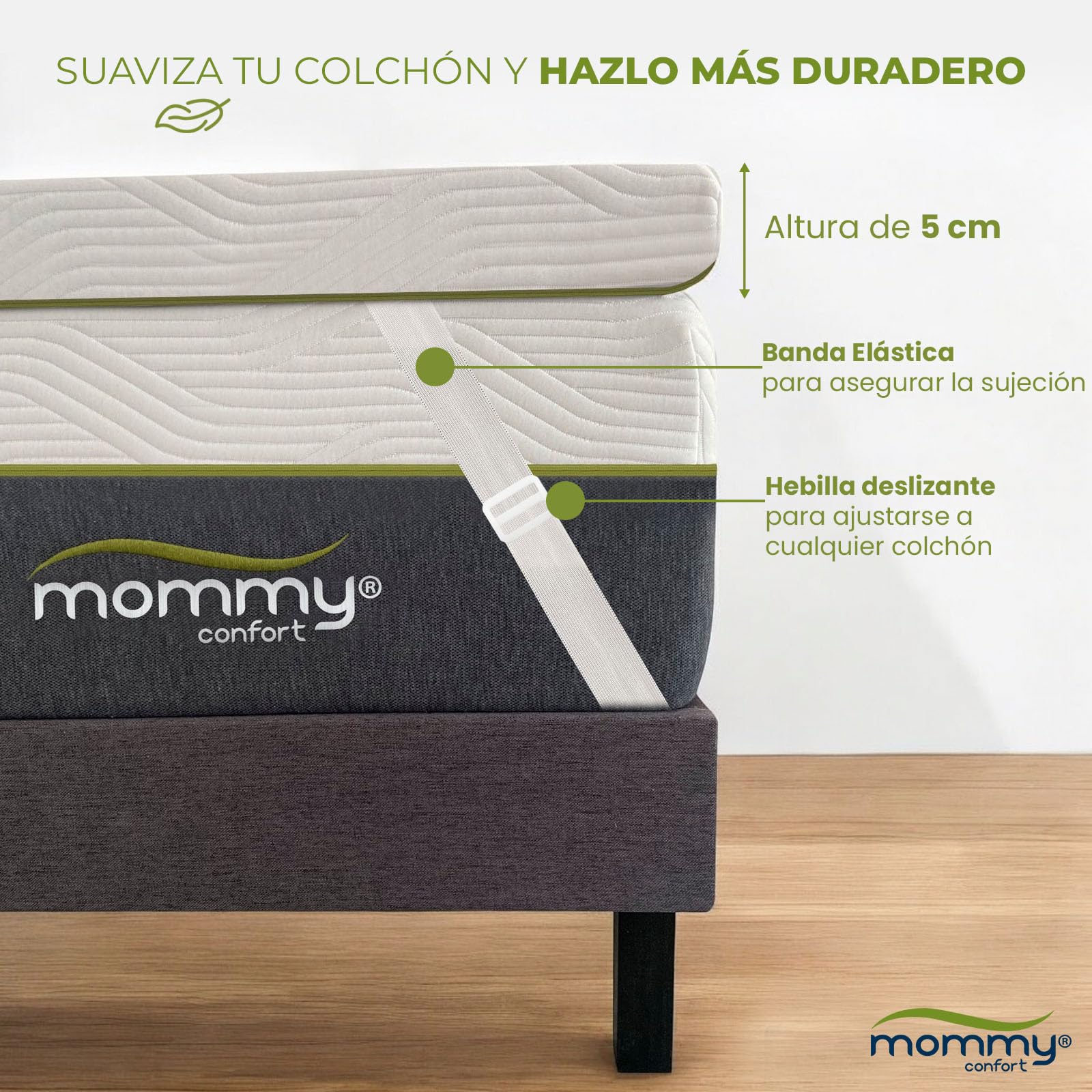 Topper Viscoelastico 150x190x5 cm – Funda Lavable y Desenfundable con Cremallera - Nucleo 100% Viscoelastica –– Transpirable + Alivia Dolores – Fabricado en Valencia - Topper colchon - MOMMY CONFORT