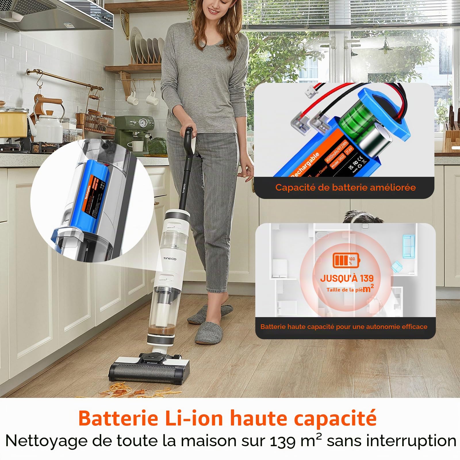 4500mAh/21,6V Aspirateur Batterie pour Tineco Floor One S3, Floor One S3 Breeze, pour Tineco S2, Floor One S2 Batterie Longue durée (1 Batterie + 1 Pinceau + Ruban adhésif 3M)