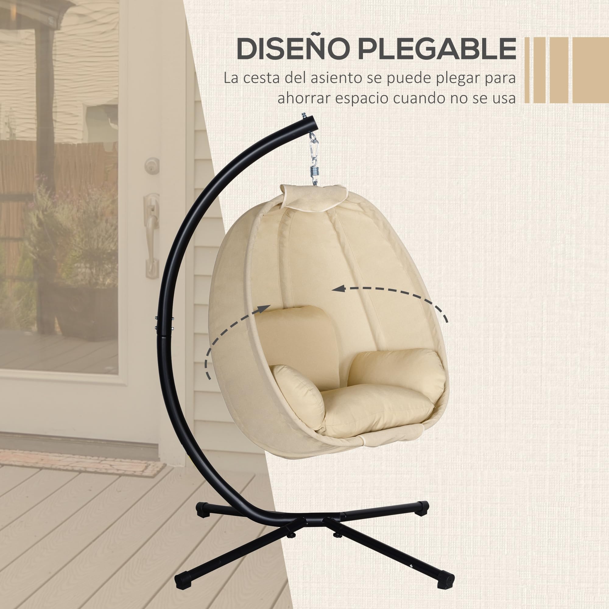 Outsunny Silla Colgante Huevo con Soporte Columpio Jardín Exterior con Cesta Plegable y Cojín Columpio Colgante para Interior y Exterior Carga 120 kg Caqui
