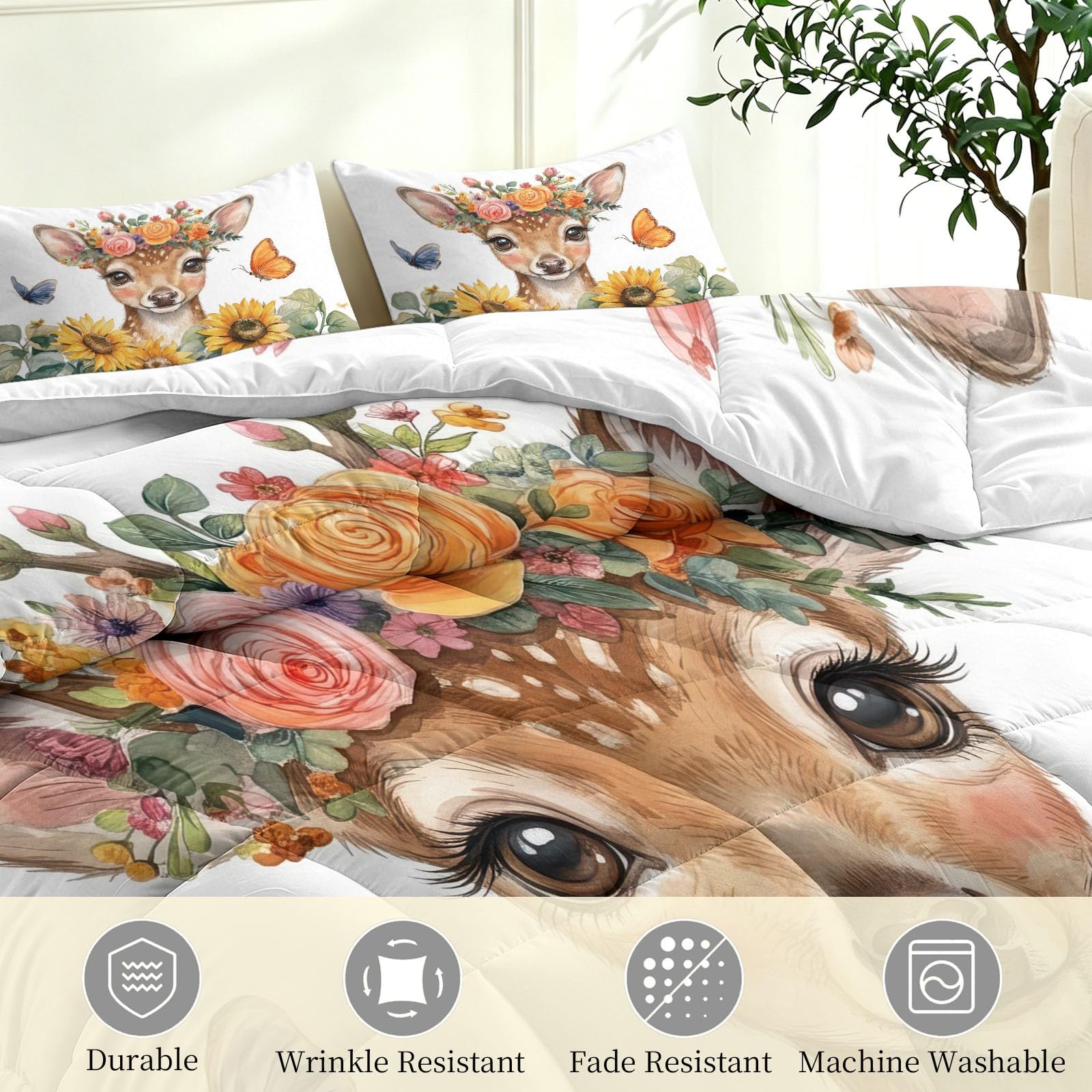 Piumino Animale Giraffa Girasole Stampato 2 Persone Reversibile 200 x 200 cm, morbido piumino 4 stagioni senza copripiumino, anallergico lavabile Cartoon floreale modello per bambini adolescenti