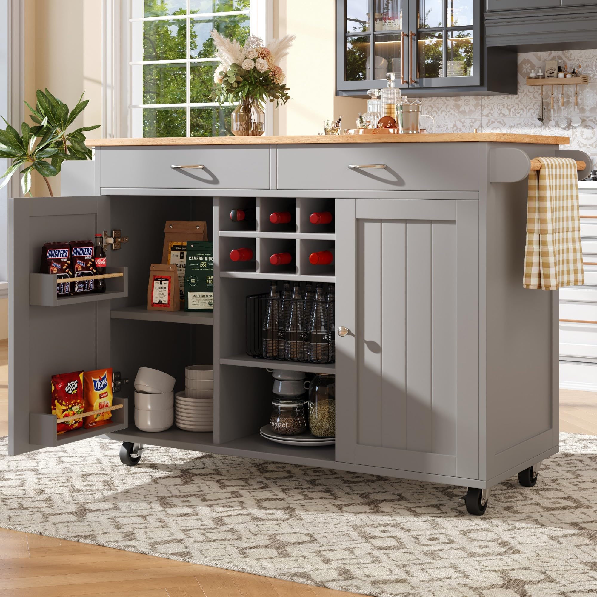 Azkoeesy Carrello da Cucina, Carrello da Buffet Mobile, Carrello da Cucina, 102×45×92 cm, Grigio con Finitura Legno, con Portabottiglie, Portaoggetti, Porta Asciugamani, 2 Cassetti e Ante