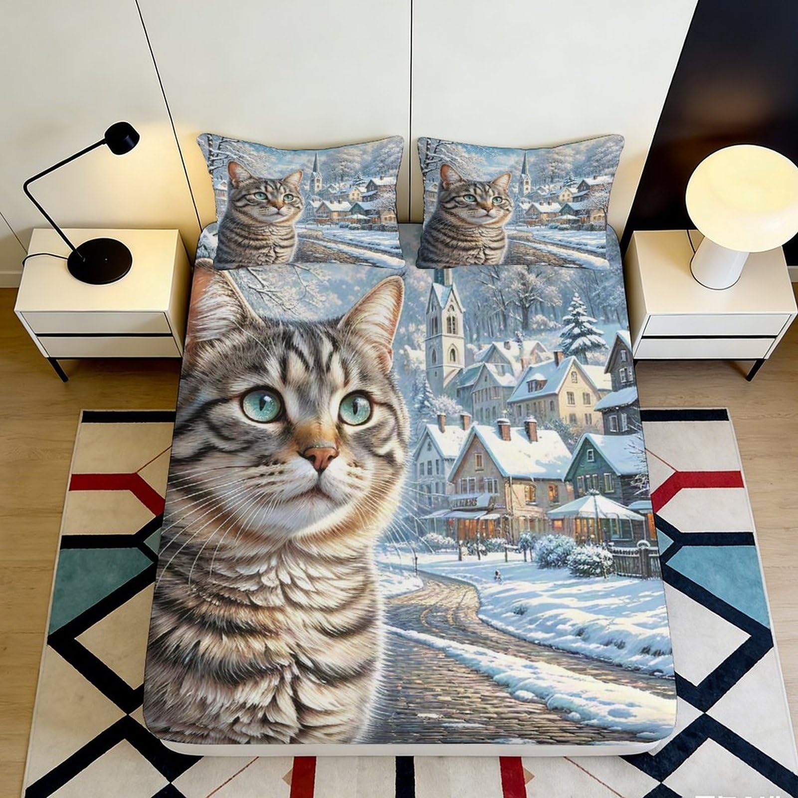 3D Printed Winter Cat Village Fitted Sheet Microfiber Soft Breathable Snow Landscape Bed Cover for Bedroom Guest Room Decor 180x200x25cm