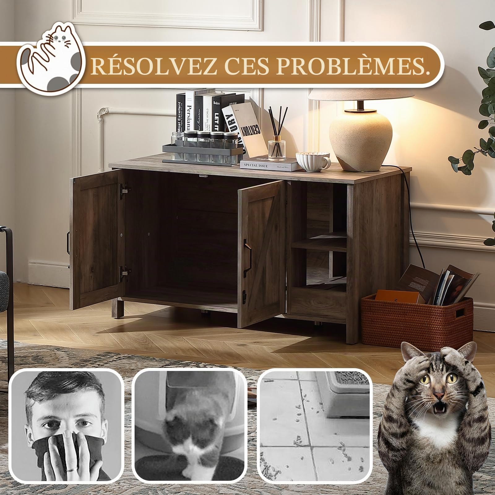 FOREST GRAVITY Cat Cabinet Armoire à Chat Litter Box Middle Cat Furniture Modern 105 * 50 * 60 cm Maison pour Chat avec Porte et cloison séparée Grey
