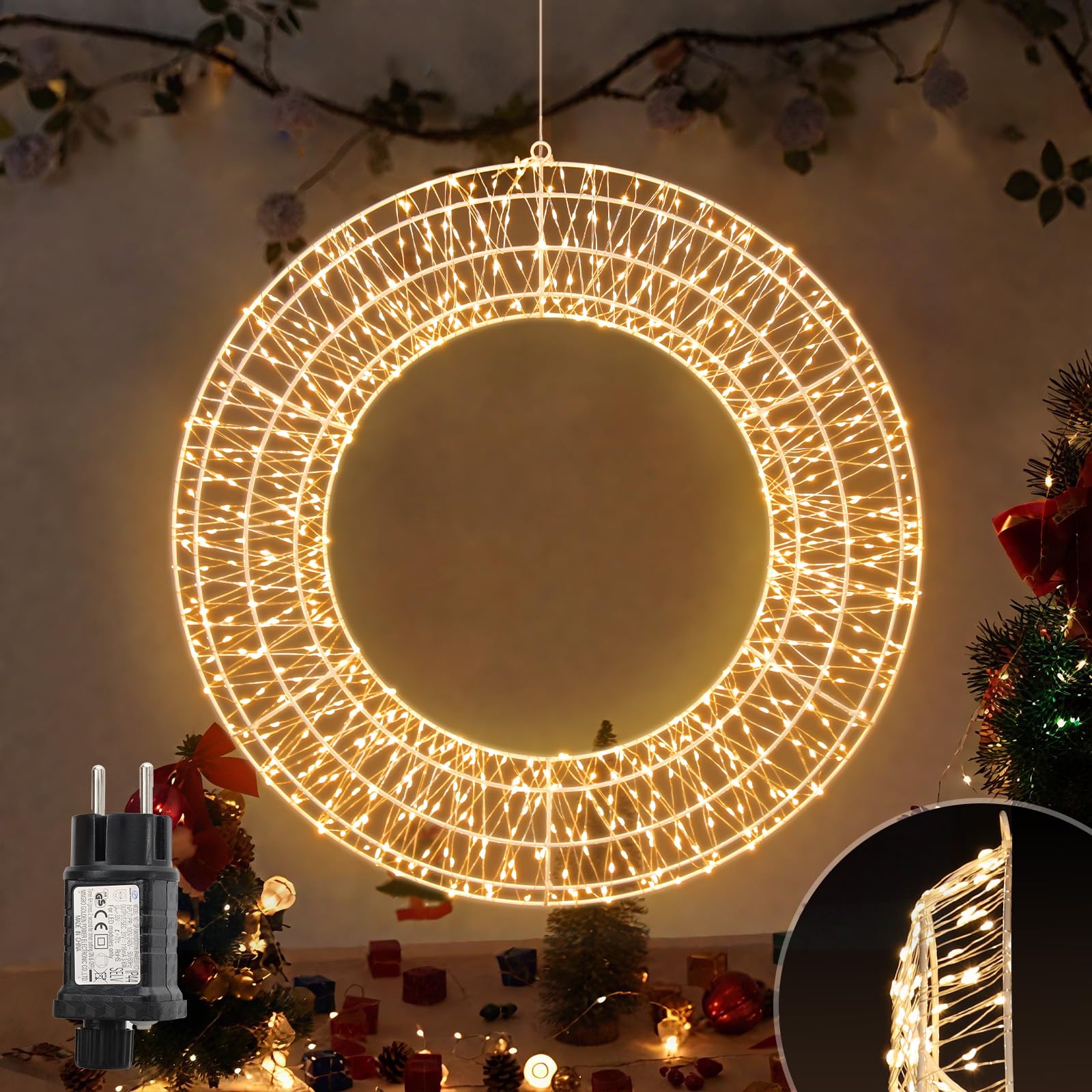 SALCAR Ø45cm LED Lichtkranz, Weihnachtsdeko Fenster Lichterkranz mit Stecker, 8 Modi, Timer und Memory, Hängekranz Drahtkranz Wandkranz Lichterkreis für Innen und Außen, Warmweiß