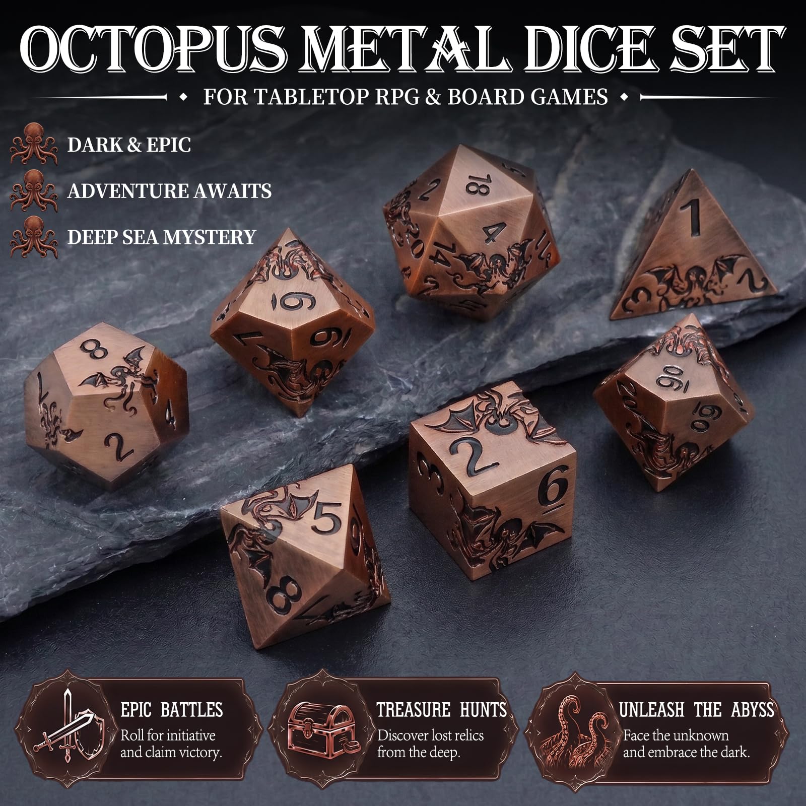 Juego de dados de metal – Diseño Pulpo,7 piezas D4 D6 D8 D10 D12 D20 D00,Dados poliédricos Premium para RPG y juegos de mesa, caja de regalo magnética (bronce antiguo)