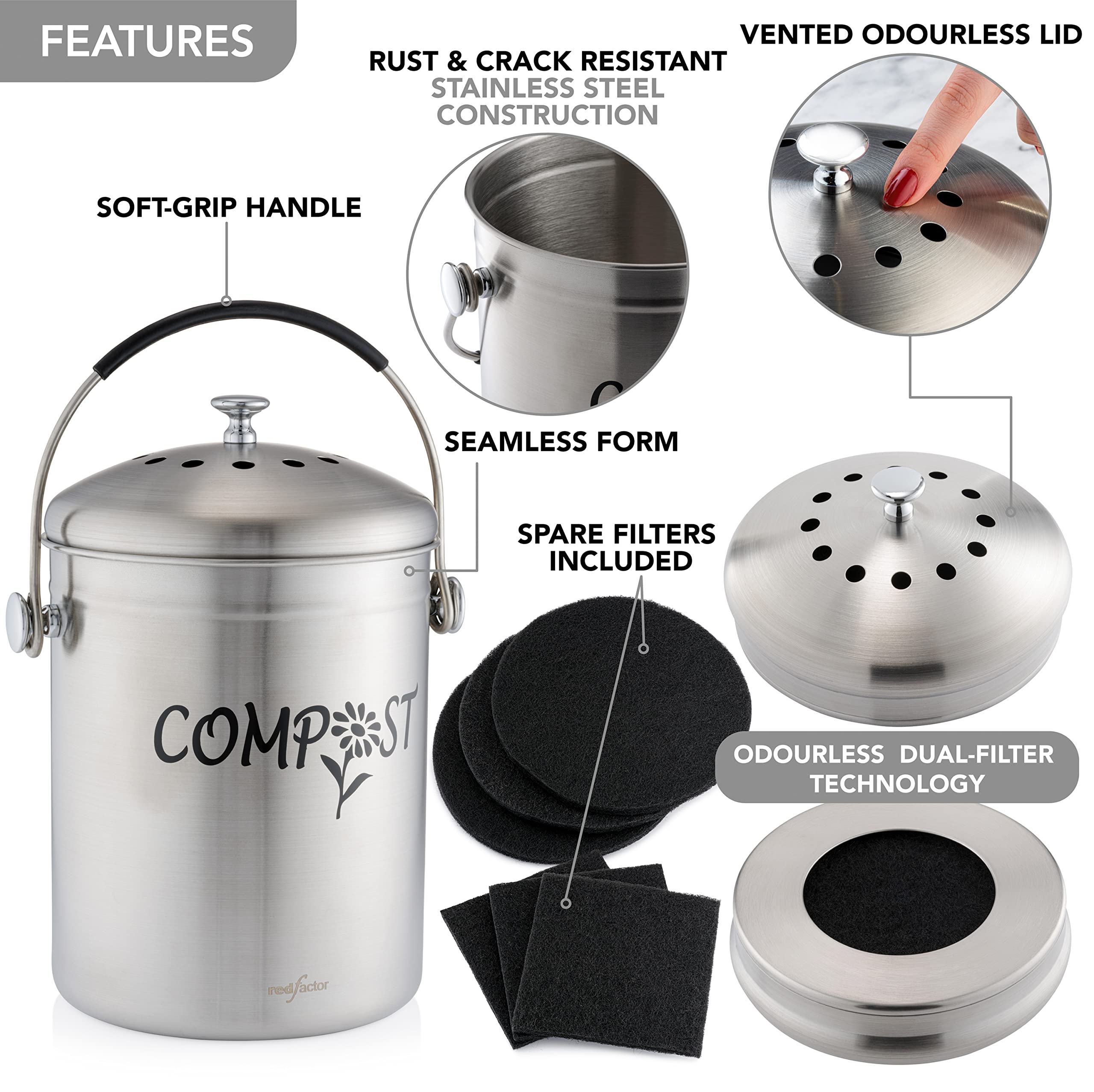 RED FACTOR Deluxe Cubo Reciclaje de Cocina Inodoro de Acero Inoxidable - Cubo Basura Reciclaje - Incluye Filtros de Carbón Activo de Repuesto (Acero Mate Diseñador, 5 litros)