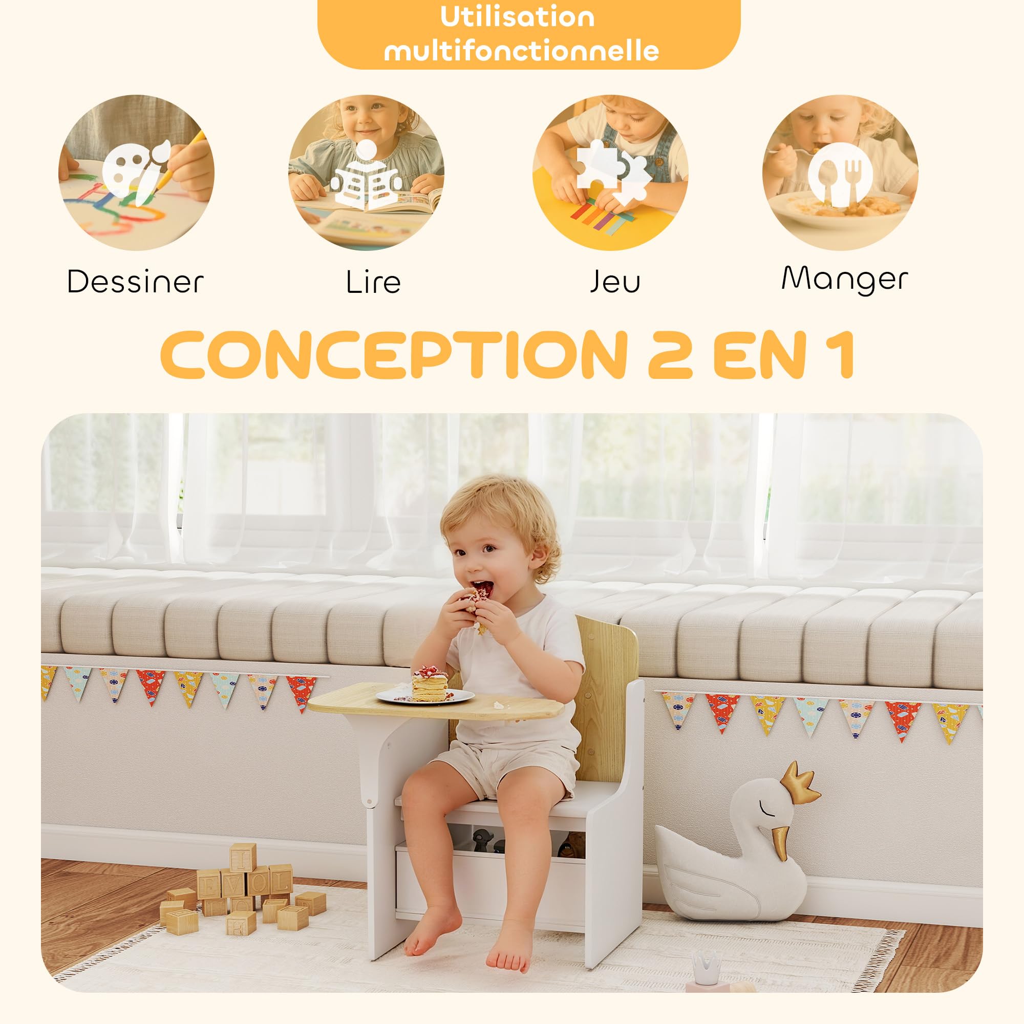 AIYAPLAY Escritorio y Silla para Niños con Bandeja de Almacenamiento 3-5 Años Blanco | Conjunto Mesa de Actividad 2 en 1, Dibujo, Lectura, Juegos