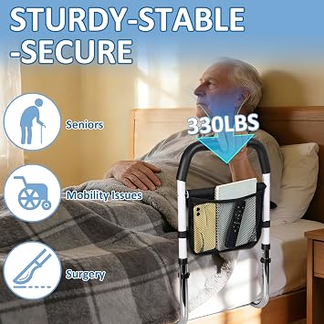 OUUTMEE Bed Rails for Elderly Adults, Adjustable Height with Storage Pocket | Bed Assist Rail, Safety Bed Guard/ Grab Bar/ Bed Cane/ Fall Prevention Bedside Handrail for Pregnant, Mobility Support