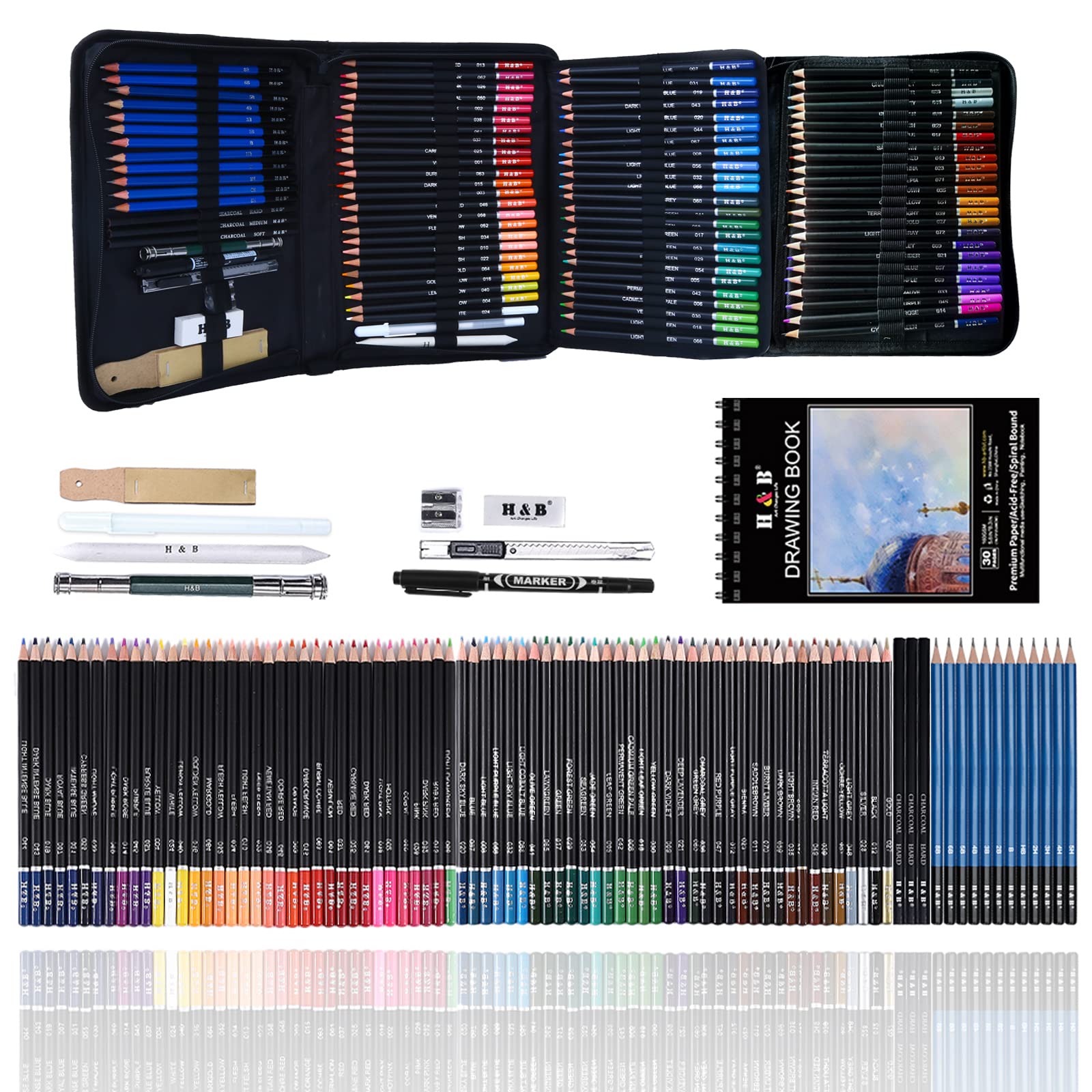 97Pcs Drawing Sketching Coloring Set, Pro Art Supplies with Sketchbook, 72 Professional Soft Core Colored Pencils,Sketch & Charcoal Pencils, Drawing Set in Zipper Carry Case for Adults Teens Beginner