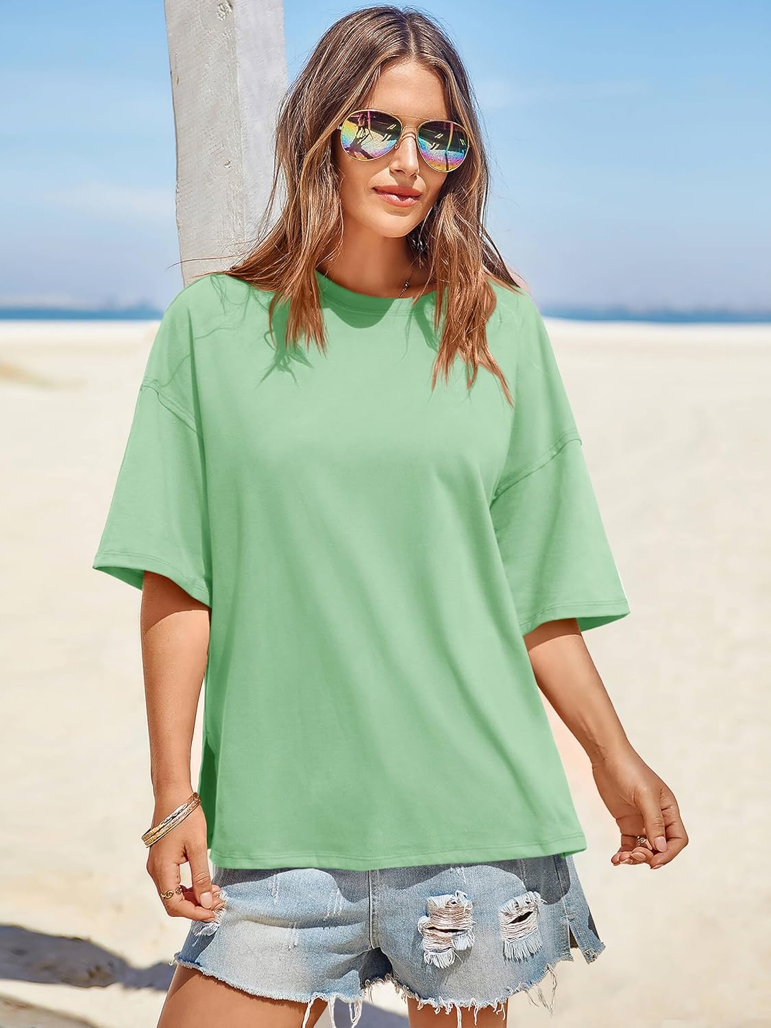 Tankaneo Womens Oversized Tshirts Summer Casual Short Sleeve Crew Neck T Shirt Loose Fit Side Slit Tee Tops - Image 3