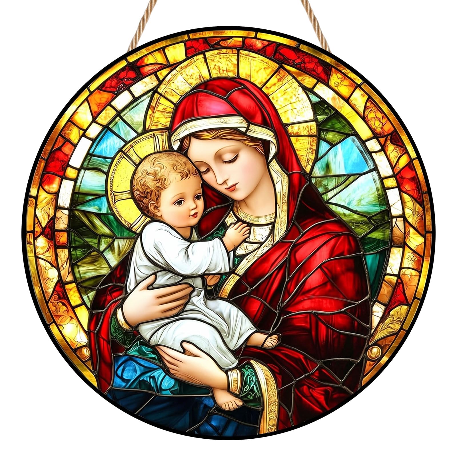 Mary Suncatcher with Baby Jesus, Stained Glass Style Sun Catcher for Window